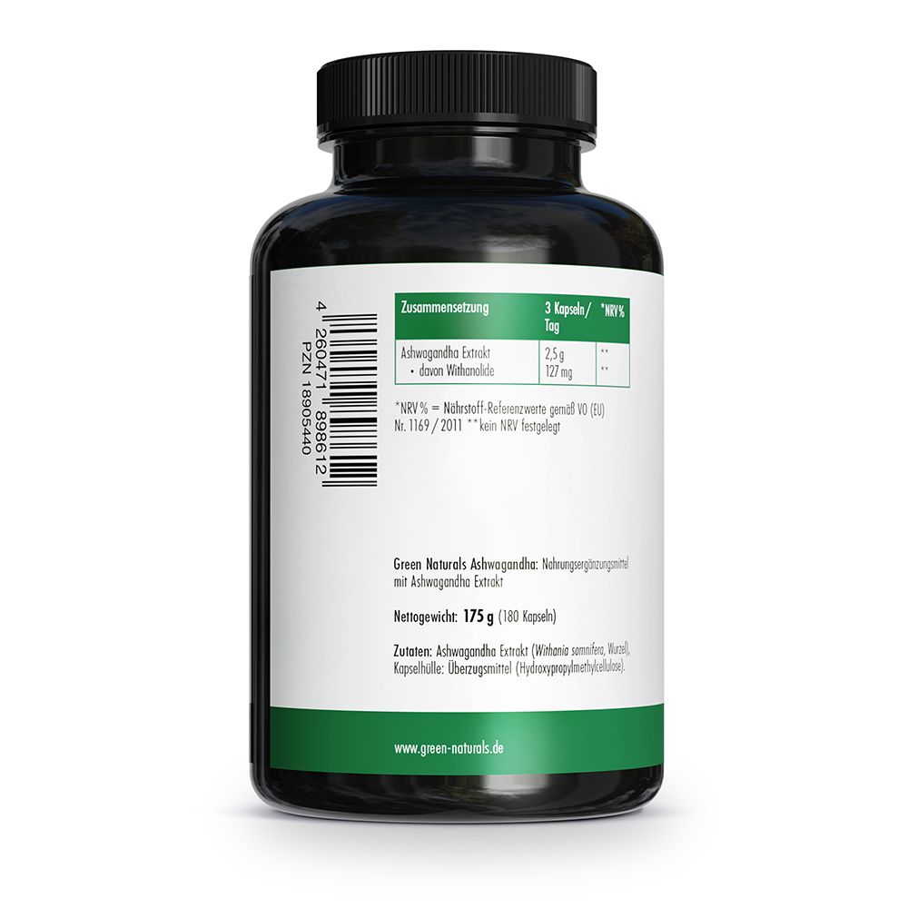 Vue latérale du pot GREEN NATURALS Ashwagandha avec étiquette.