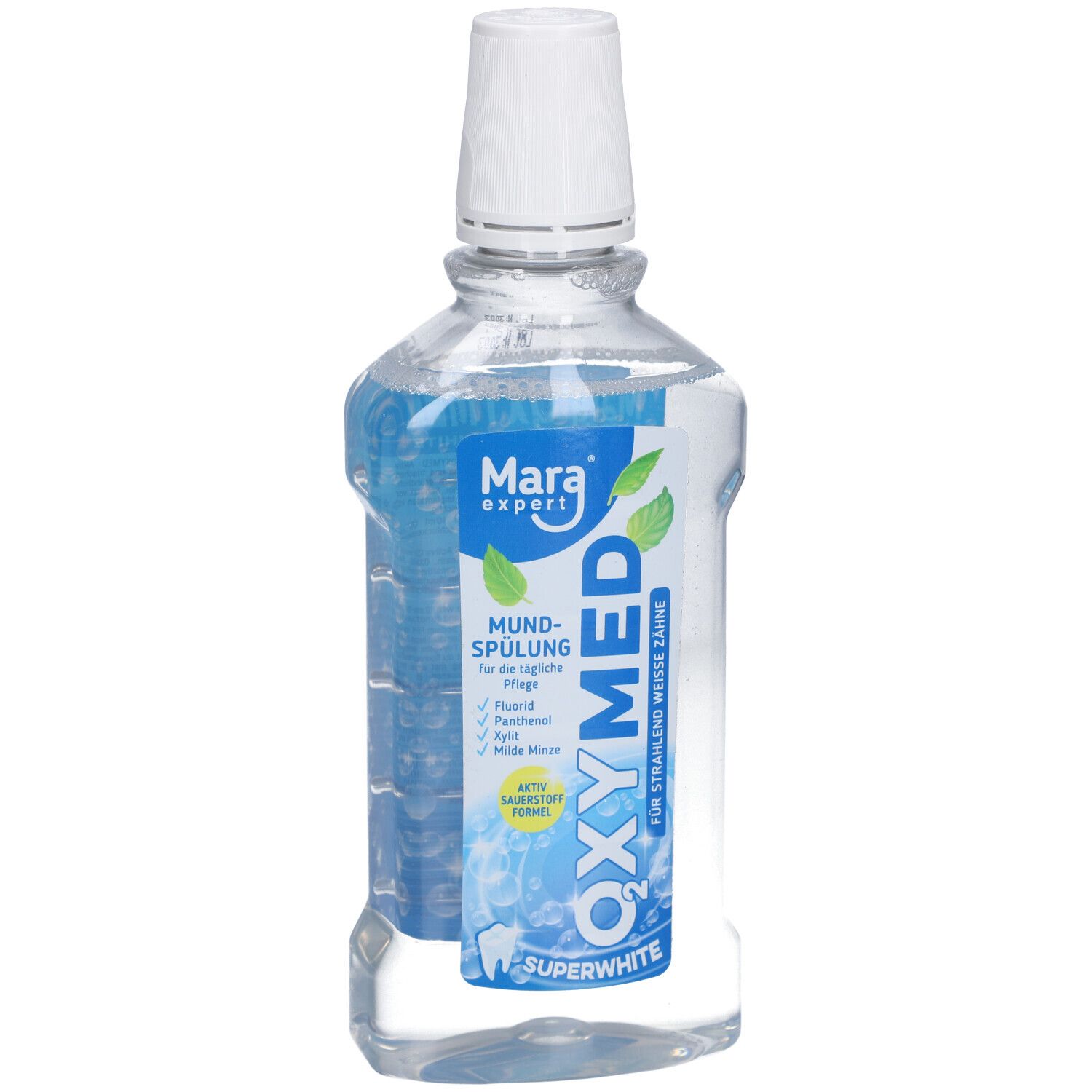 Mara expert Oxymed Mundspülung. Bouteille avec bouchon blanc. Étiquette bleue et blanche. Nom du produit et logo visibles.