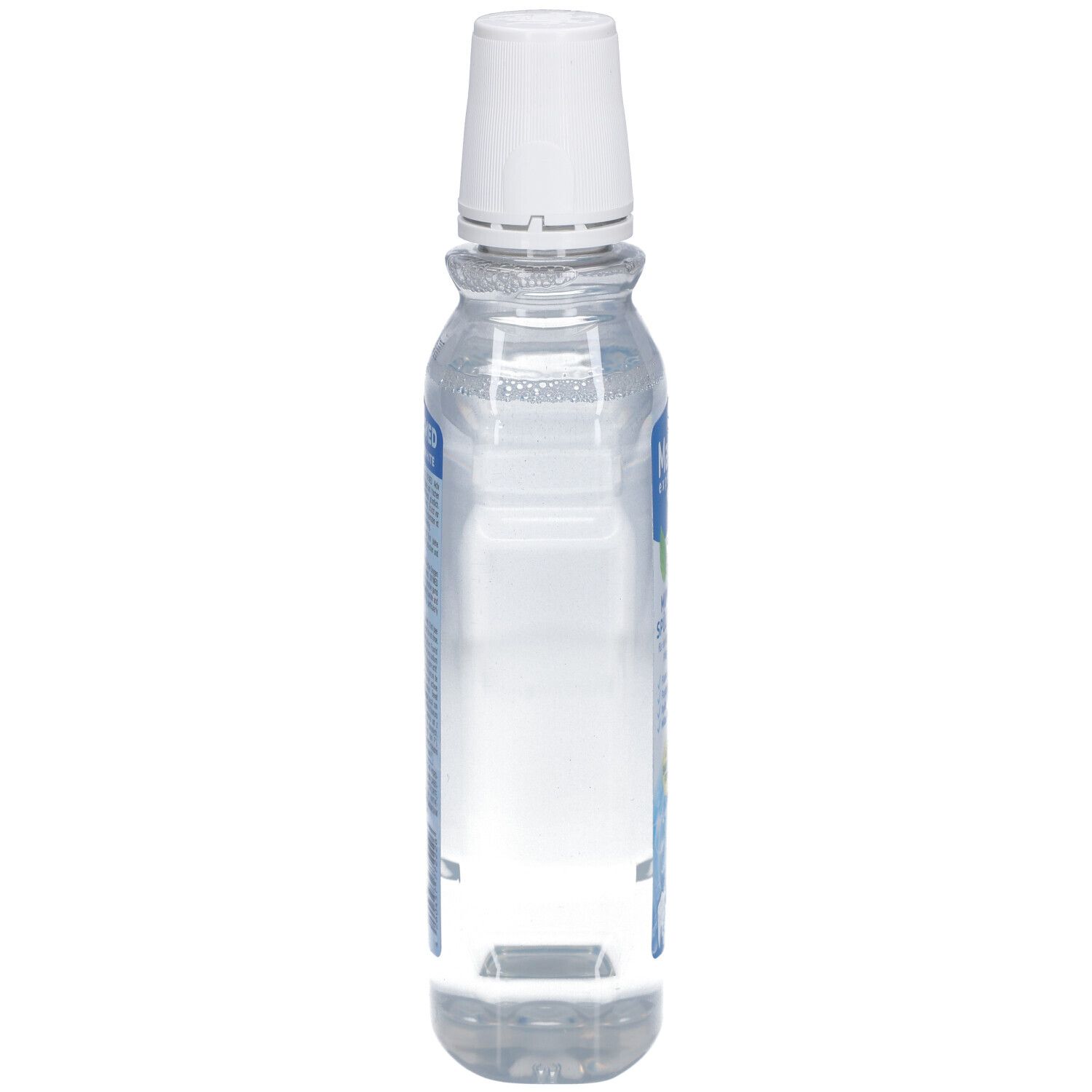 Mara expert Oxymed Mundspülung. Bouteille transparente avec bouchon blanc. Vue latérale. Étiquette du produit partiellement visible.