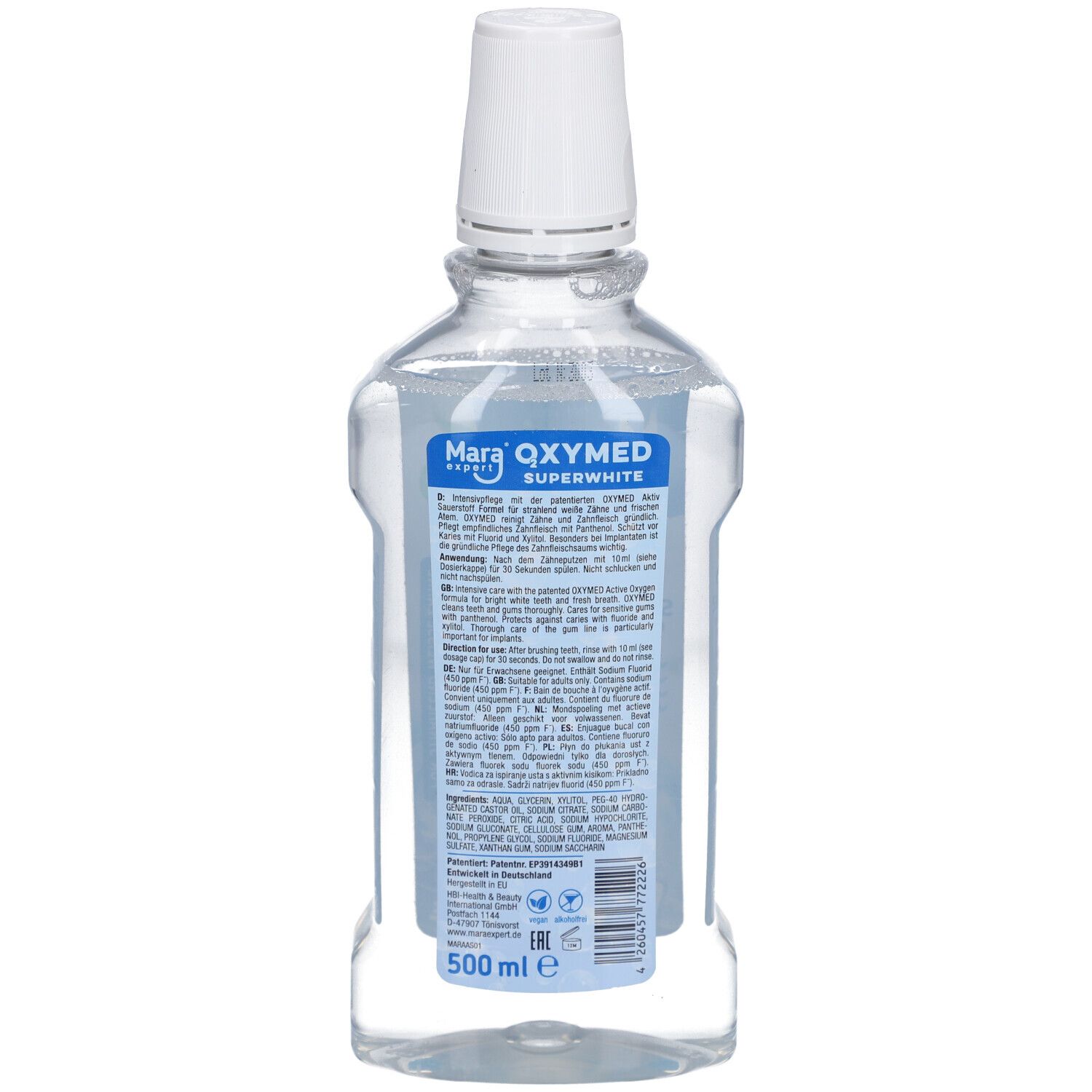 Mara expert Oxymed Mundspülung. Dos de la bouteille. Informations sur le produit et ingrédients sur étiquette bleue. 500 ml.