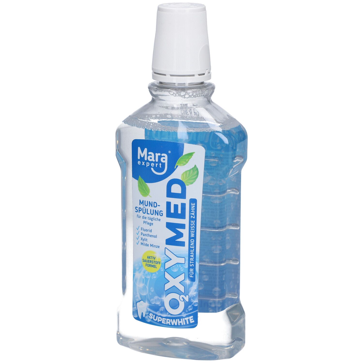 Mara expert Oxymed Mundspülung. Bouteille avec bouchon blanc. Étiquette bleue et blanche. Nom du produit et logo visibles.