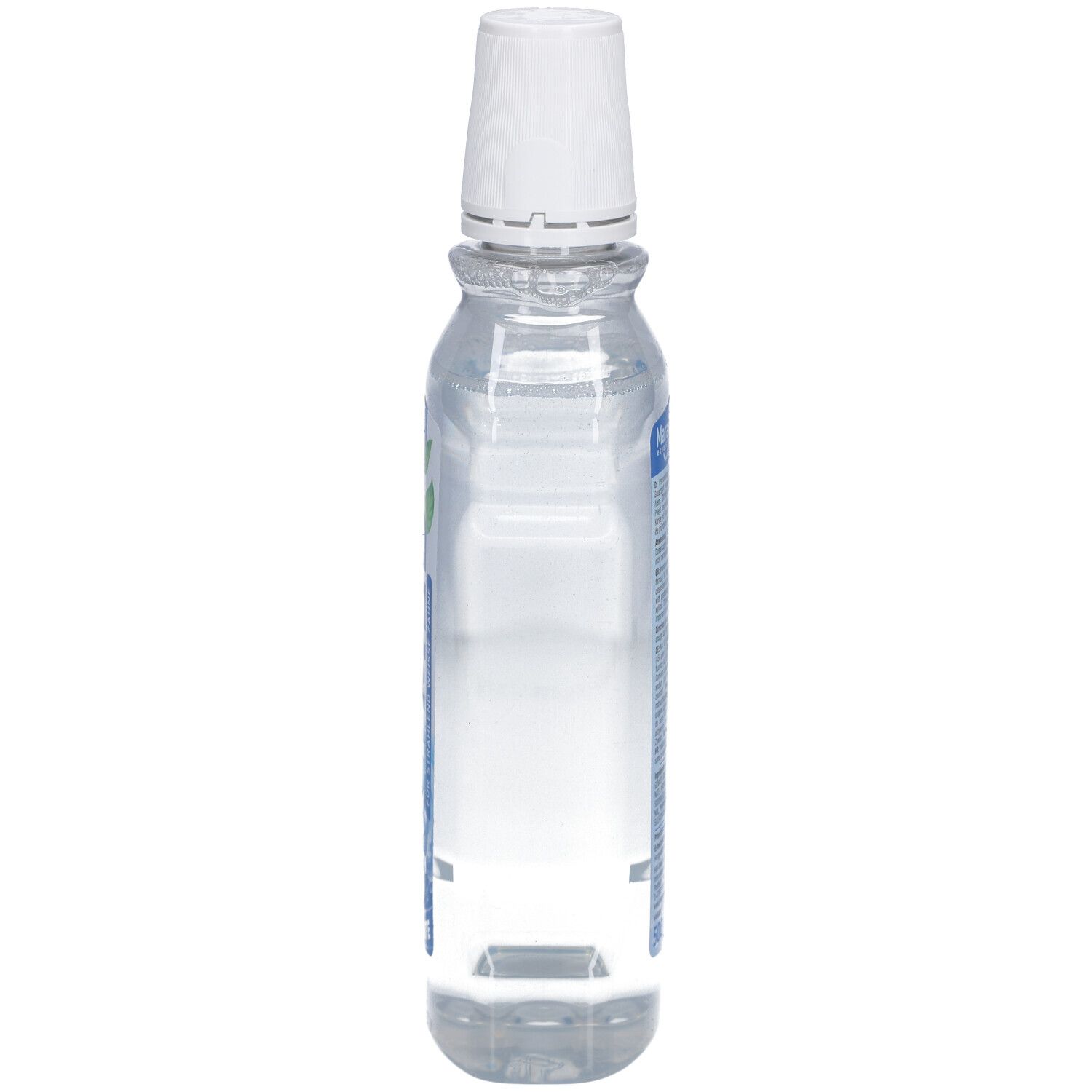 Mara expert Oxymed Mundspülung. Bouteille transparente avec bouchon blanc. Vue latérale. Étiquette du produit partiellement visible.