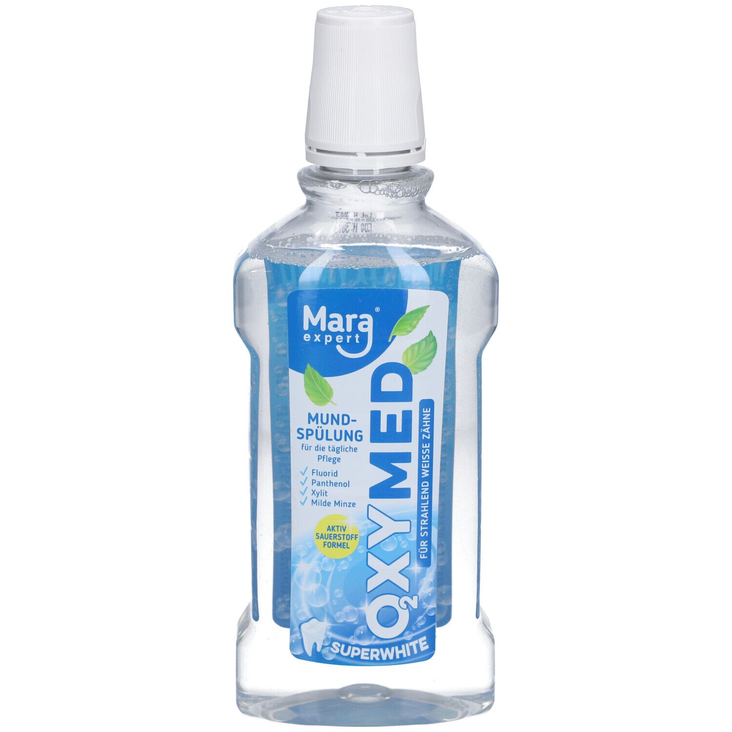 Mara expert Oxymed Mundspülung. Bouteille avec bouchon blanc. Étiquette bleue et blanche. Nom du produit et logo visibles.