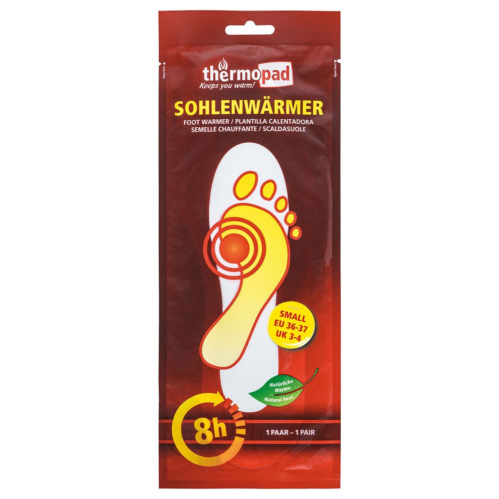 Emballage de chauffe-semelles. Semelle intérieure jaune avec empreinte de pied et marquage rouge. Texte : thermopad, 8h, 1 paire.