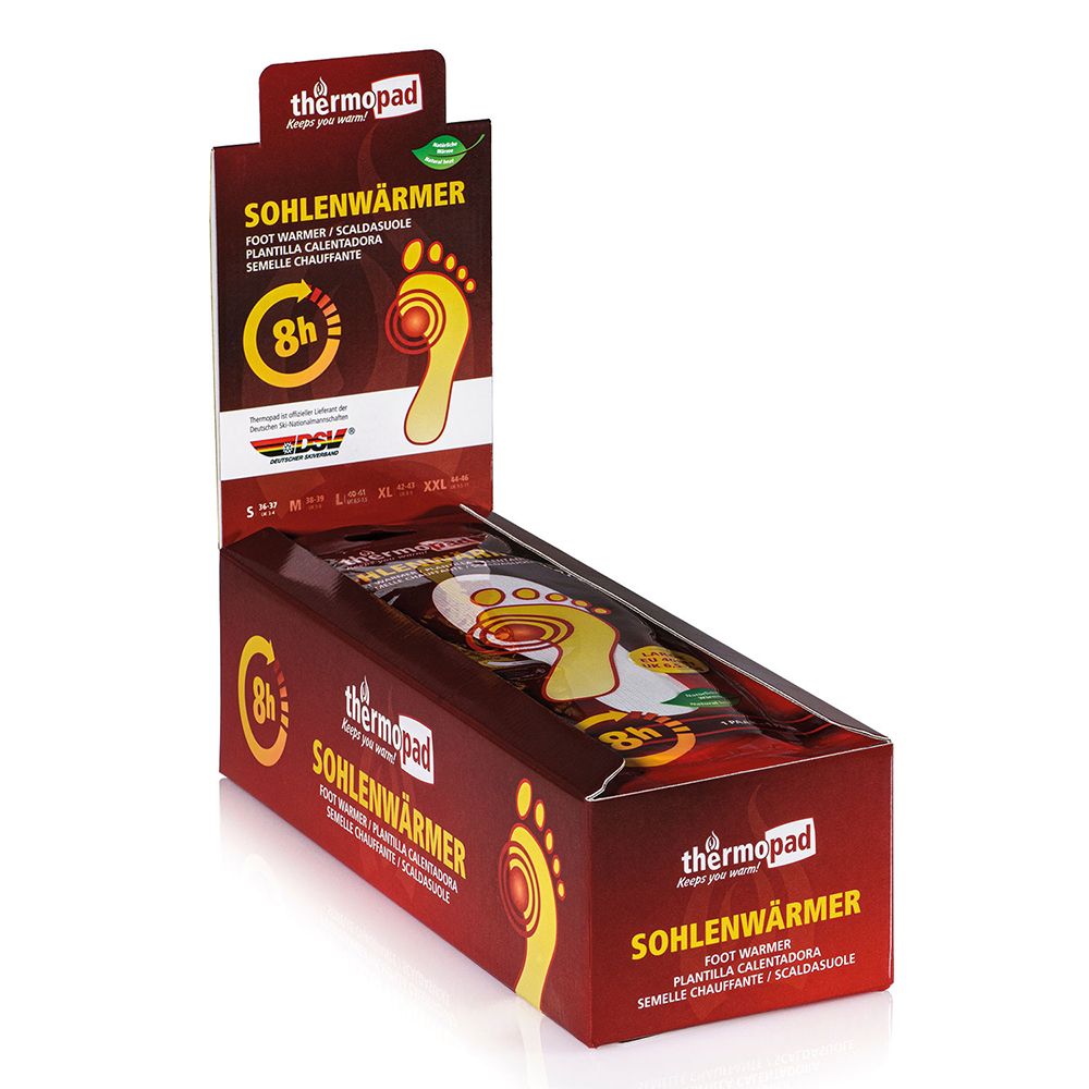 Emballage thermopad® Semelles chauffantes avec indication 8h et symbole de pied.