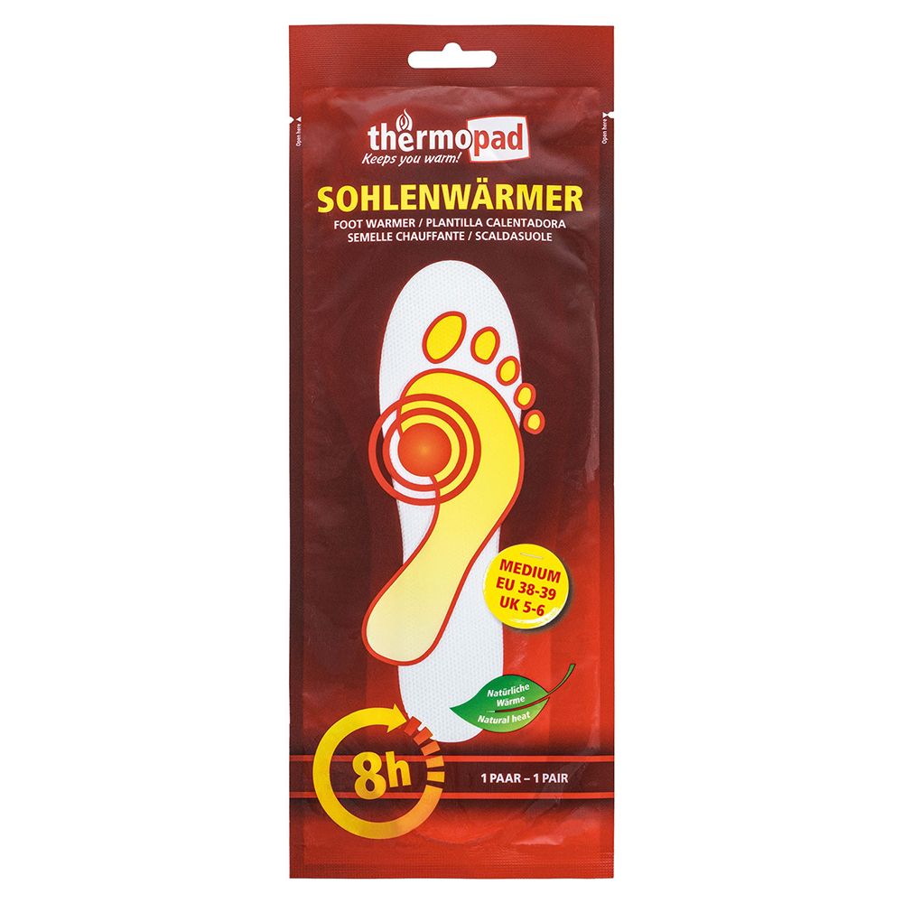 Emballage de semelles chauffantes thermopad®. Semelle intérieure jaune avec empreinte de pied et marquage rouge. Symbole 8h.