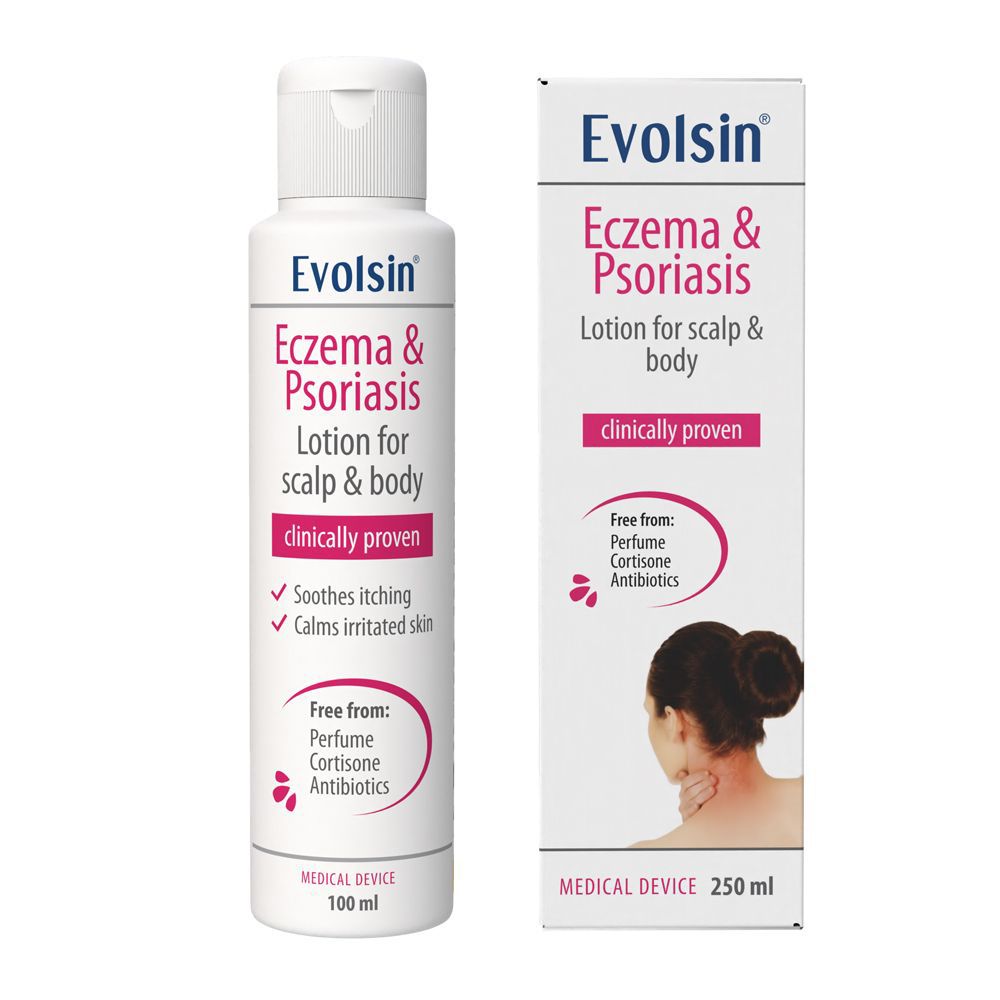 Evolsin Lotion Eczéma & Psoriasis flacon et boîte. Flacon 100ml, boîte 250ml. Dispositif médical.