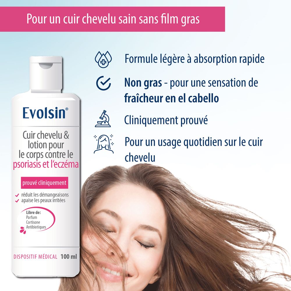 Bouteille étiquetée 'Evolsin', pour cuir chevelu et corps contre psoriasis et eczéma, 100ml.