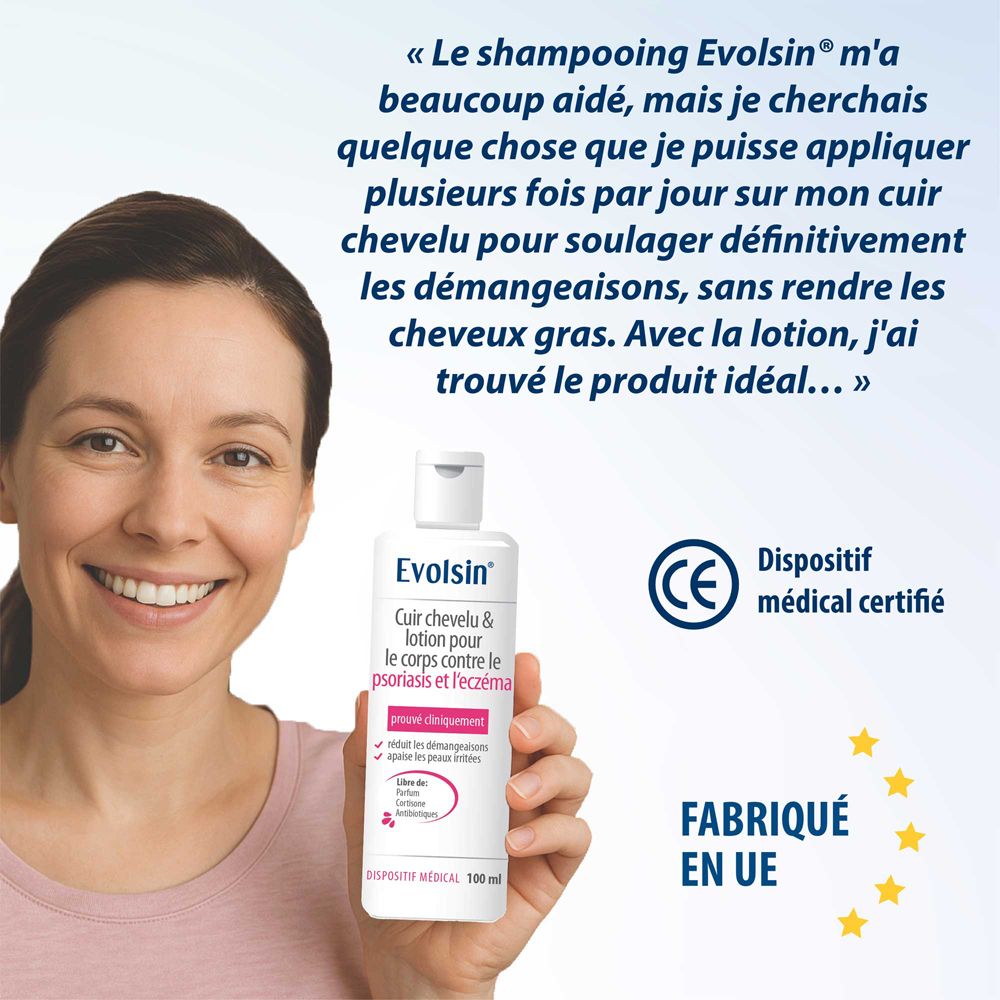 Femme tenant une bouteille d'Ejolsin, un dispositif médical pour cuir chevelu et corps.