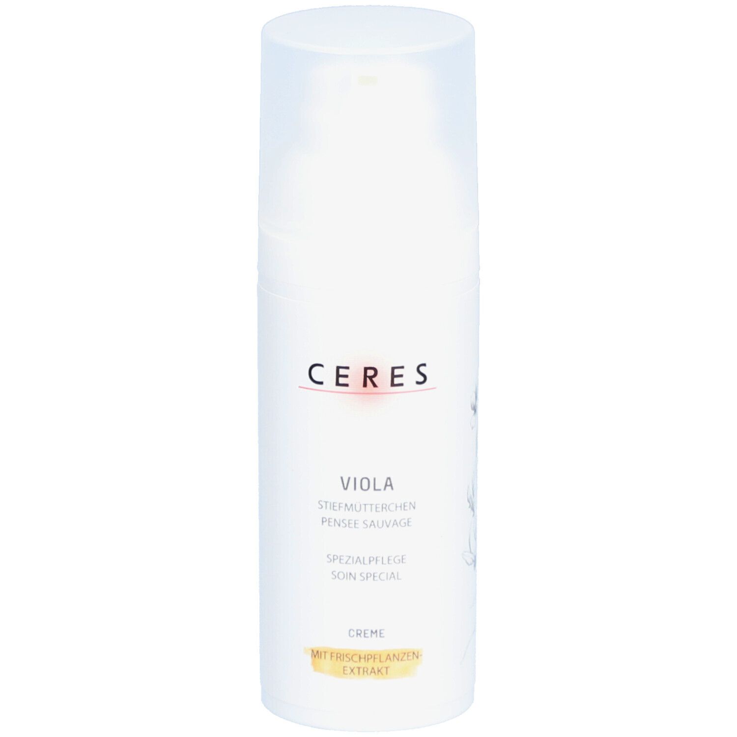 Flacon blanc avec logo CERES et nom du produit Viola. Texte: Soin spécial, crème avec extrait de plantes fraîches.