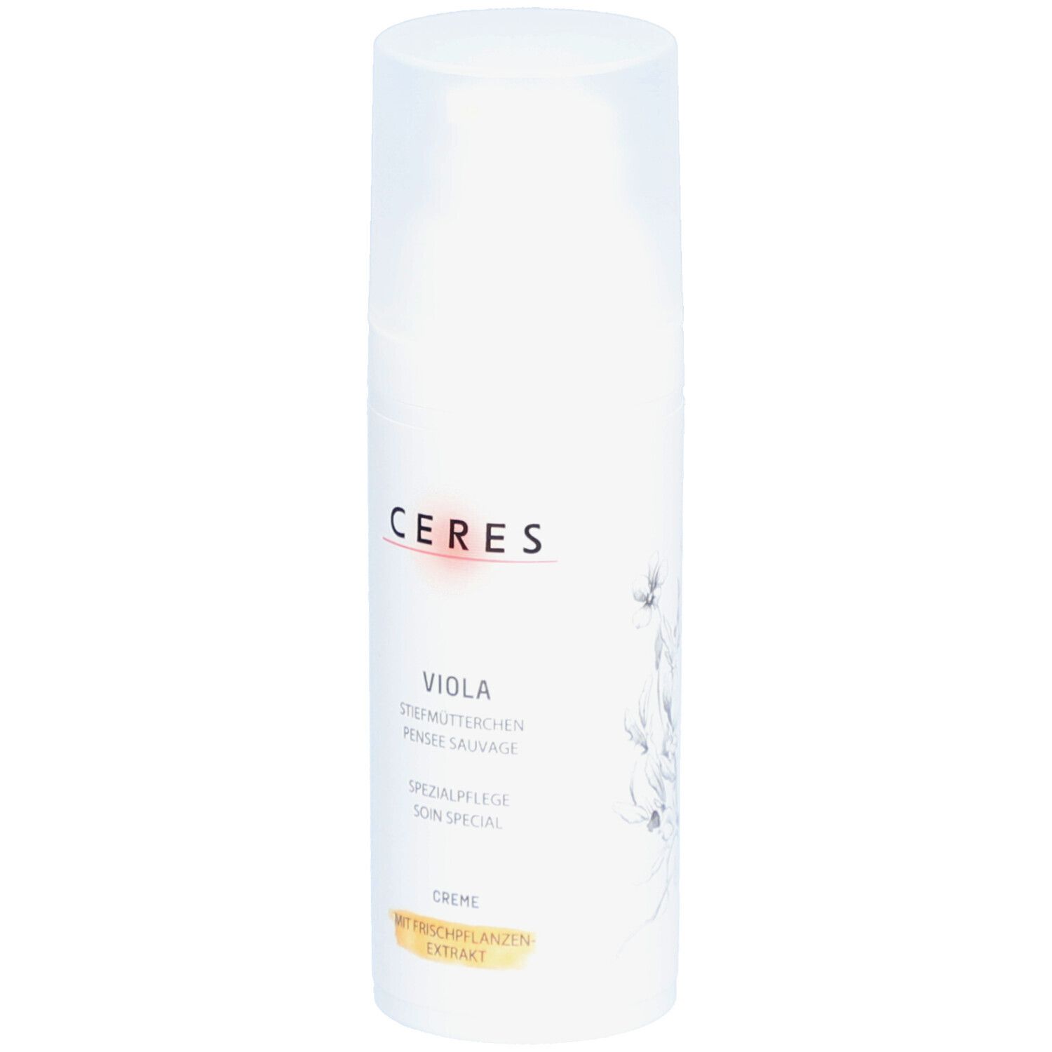 Flacon blanc avec logo CERES et nom du produit Viola. Texte: Soin spécial, crème avec extrait de plantes fraîches.