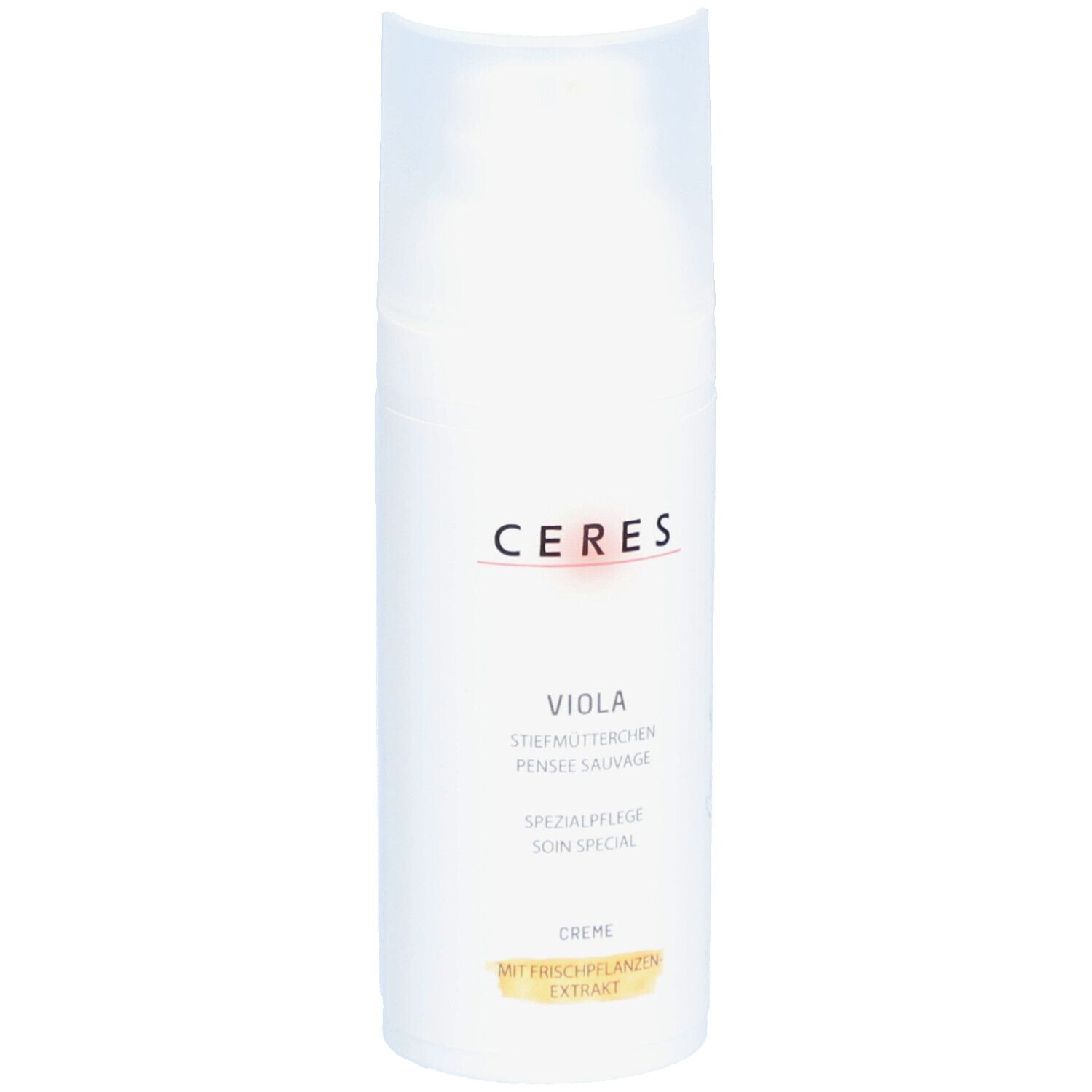 Flacon blanc avec logo CERES et nom du produit Viola. Texte: Soin spécial, crème avec extrait de plantes fraîches.