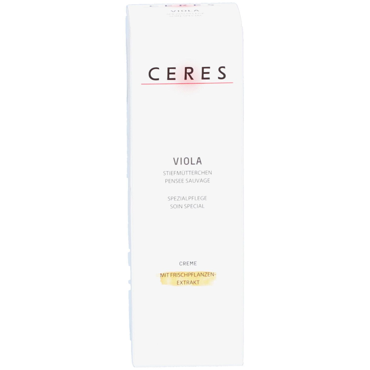 Emballage du produit. Texte: CERES, Viola, Soin spécial, crème avec extrait de plantes fraîches. Fond blanc.
