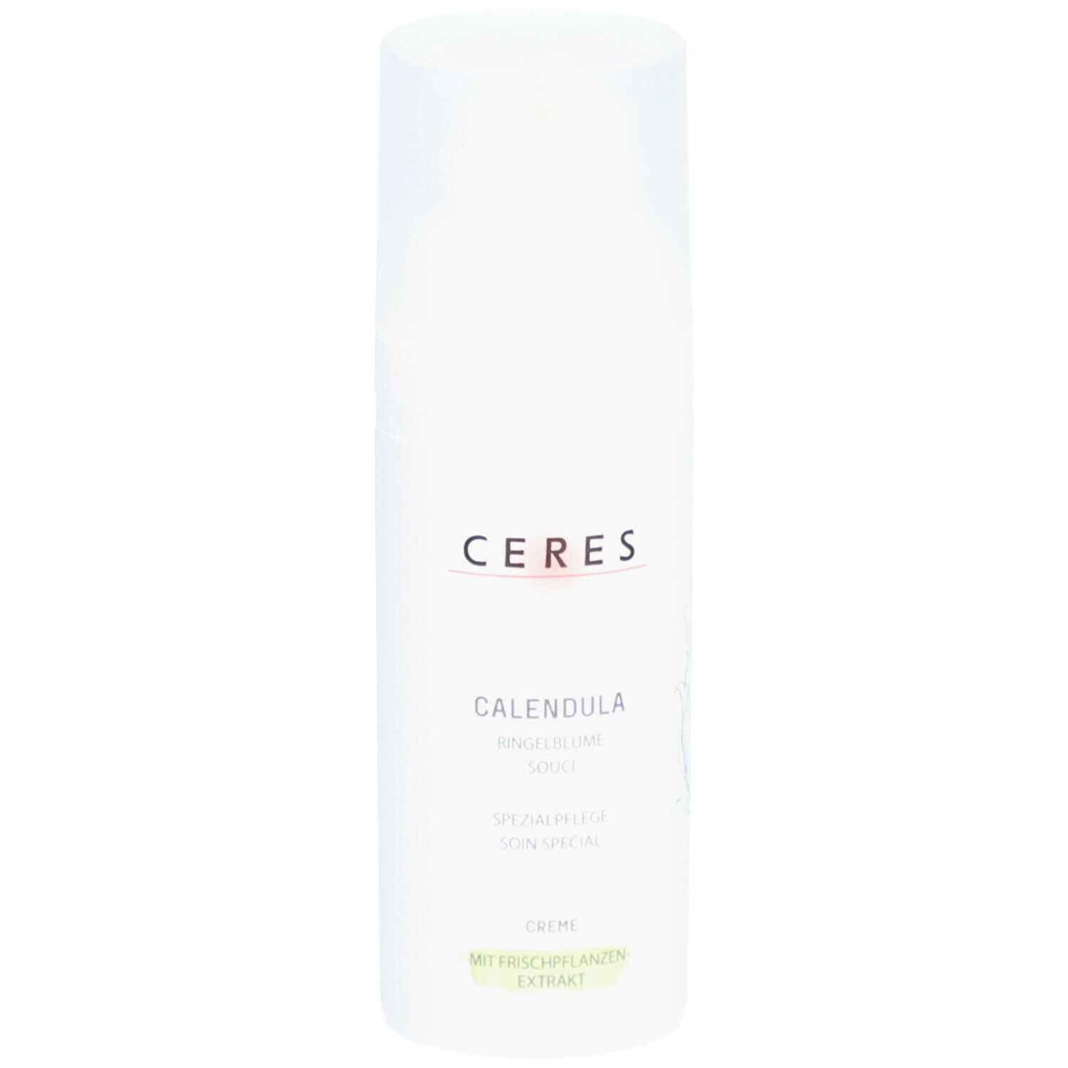 Tube de crème blanche avec logo CERES et nom du produit CALENDULA. Texte: Souci, Soin spécial, Crème.