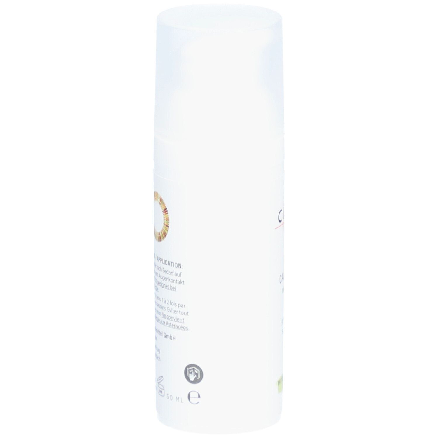 Tube de crème blanche, vue latérale. Texte et logos. Inscriptions: Application, adresse du fabricant, symbole de recyclage, e-marque.