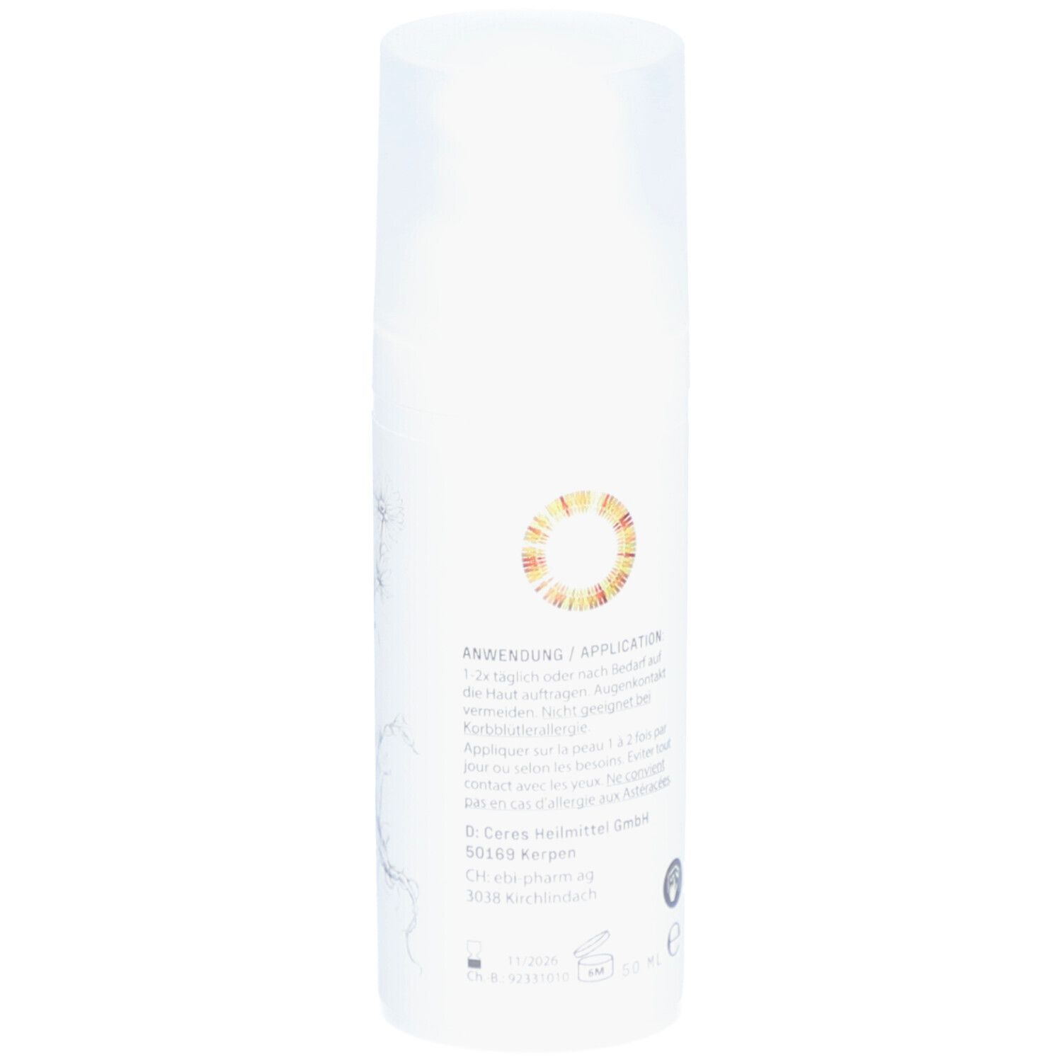 Tube de crème blanche, vue latérale. Texte: Application, adresse du fabricant, numéro de lot, durée de conservation.