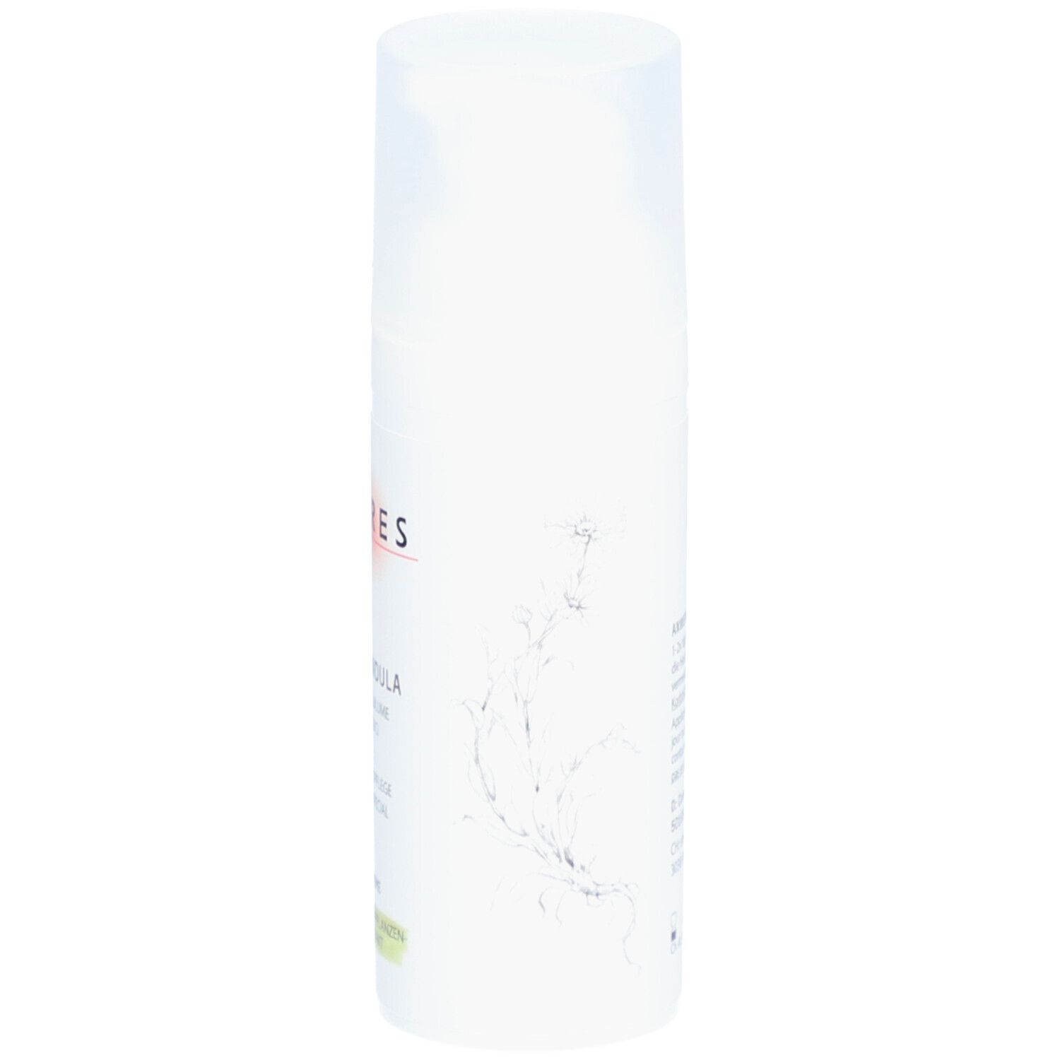 Tube de crème blanche, vue latérale. Texte et dessin de plante décoratif. Adresse du fabricant et logos.