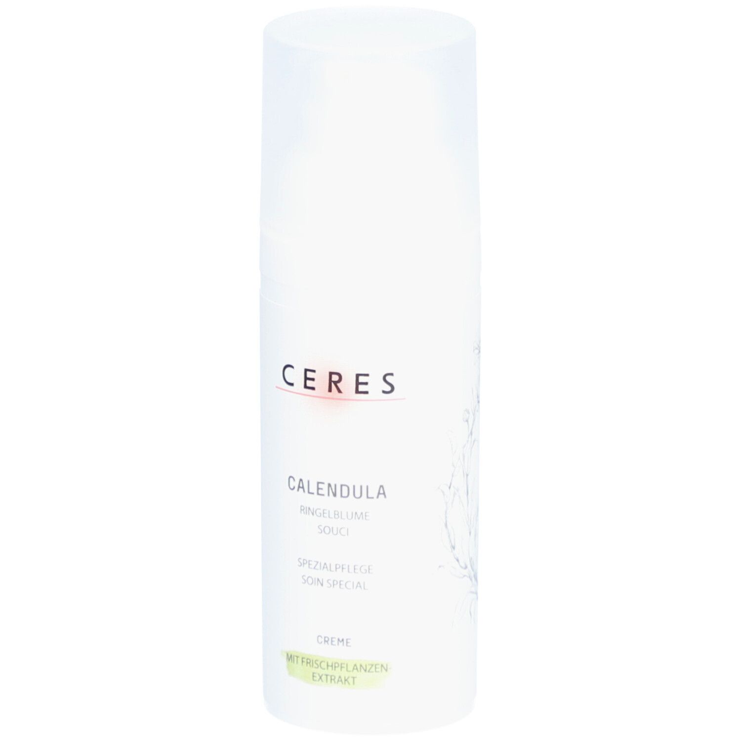 Tube de crème blanche avec logo CERES et nom du produit CALENDULA. Texte: Souci, Soin spécial, Crème.