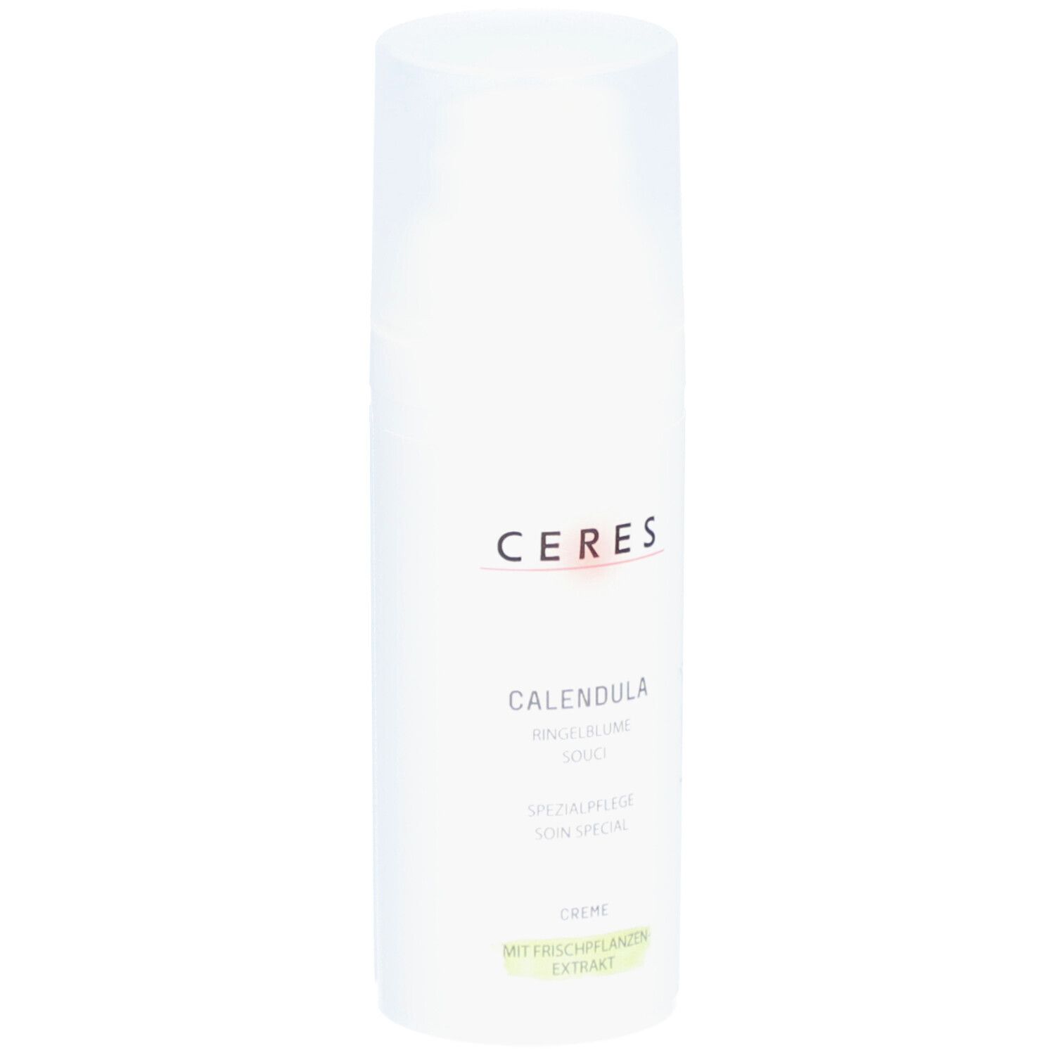 Tube de crème blanche avec logo CERES et nom du produit CALENDULA. Texte: Souci, Soin spécial, Crème.