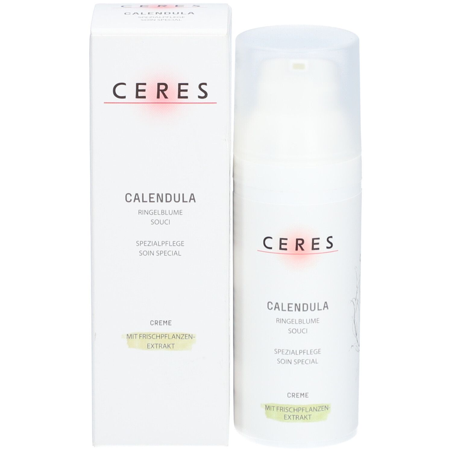 Emballage du produit: tube de crème et carton. Les deux avec le logo CERES et le nom du produit CALENDULA. Texte: Souci, Soin spécial.