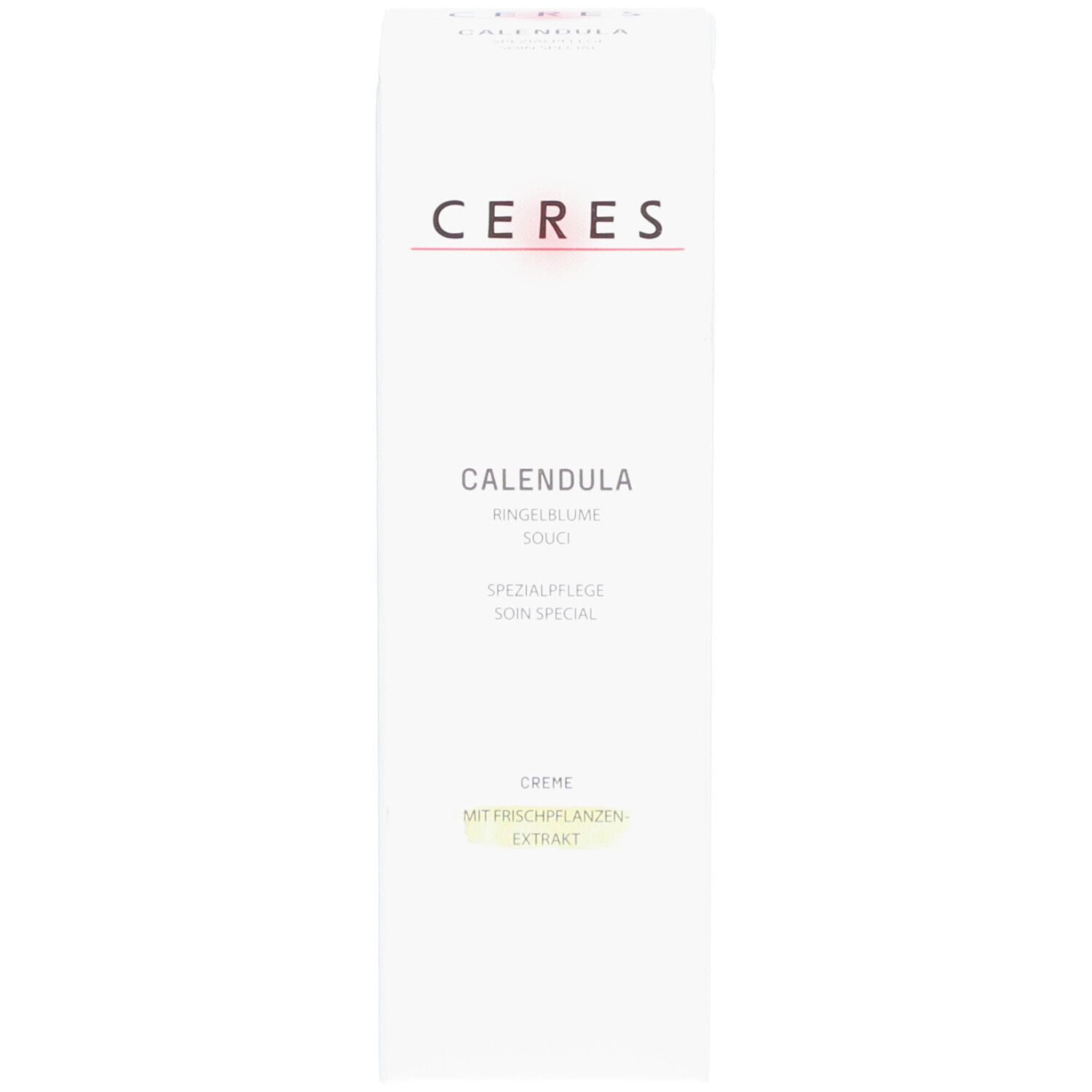 Emballage en carton avec logo CERES et nom du produit CALENDULA. Texte: Souci, Soin spécial, Crème.