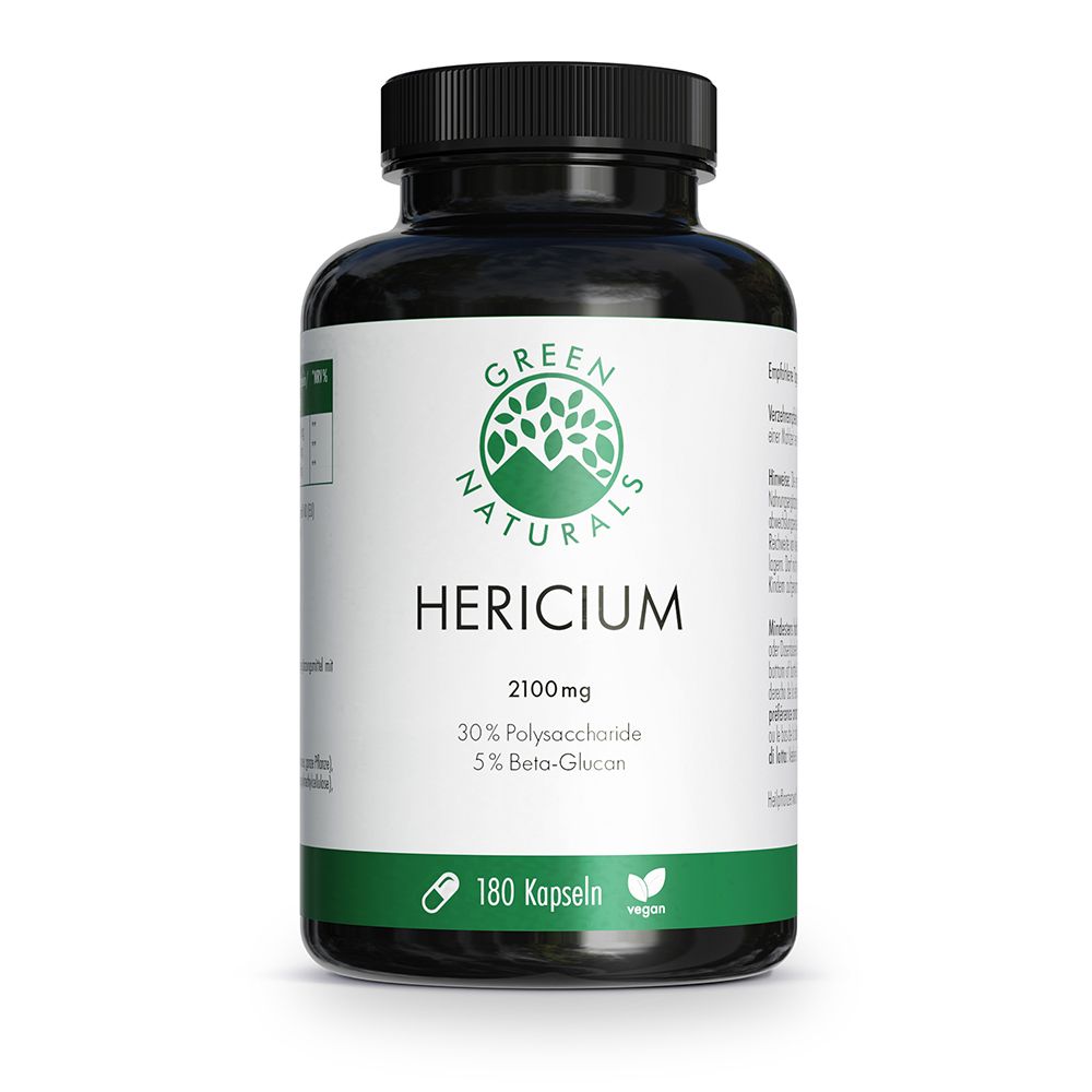 Pot noir contenant des gélules GREEN NATURALS HERICIUM, 2100mg, 180 gélules, vegan.