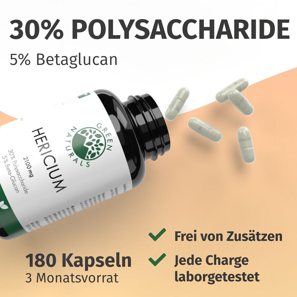 Pot GREEN NATURALS HERICIUM, 180 gélules, 30% polysaccharides, 5% bêta-glucane. Sans additifs, testé en laboratoire.