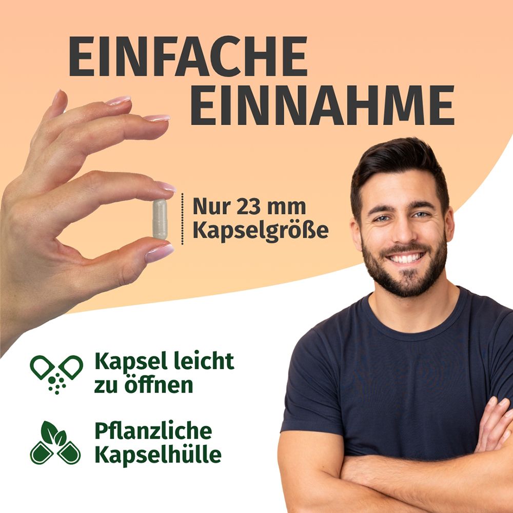 Main montrant la taille de la gélule (23mm). "Prise facile". Enveloppe de gélule végétale.