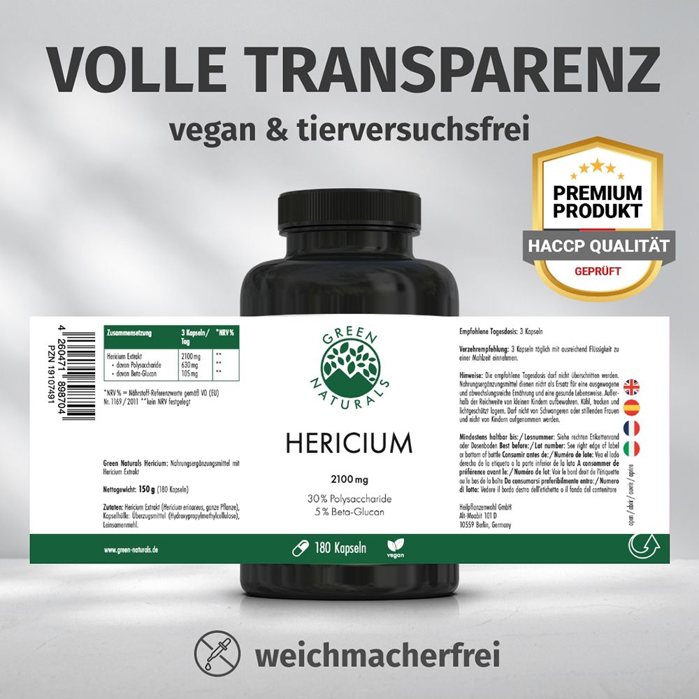 Pot GREEN NATURALS HERICIUM avec étiquette. "Transparence totale", "vegan & sans cruauté". Produit premium, qualité HACCP.
