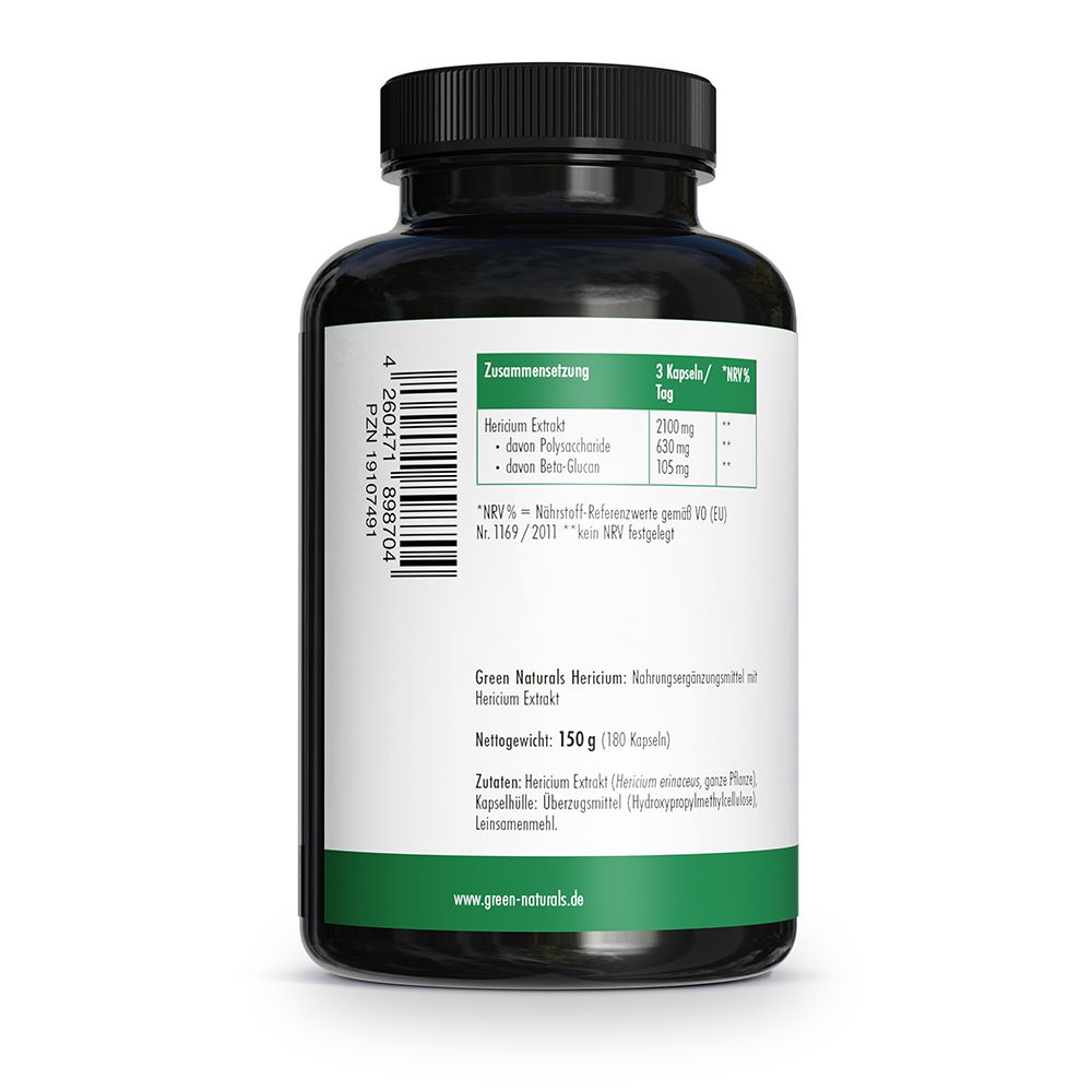 Arrière du pot HERICIUM avec informations nutritionnelles : 2100mg d'extrait d'Hericium par 3 gélules.