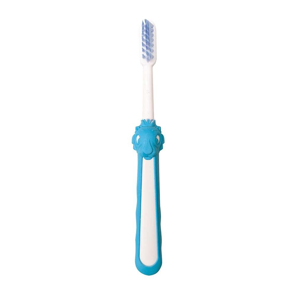 Brosse à dents enfant bleue avec manche blanc. Manche avec motif lion. Soies blanc-bleu. Pour enfants.