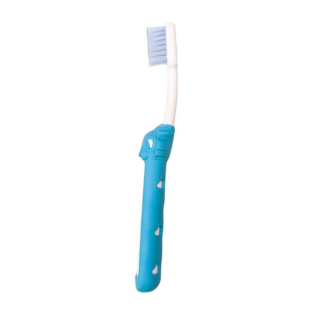 Brosse à dents enfant bleue, vue latérale. Manche avec motif lion. Soies blanc-bleu. Pour enfants.