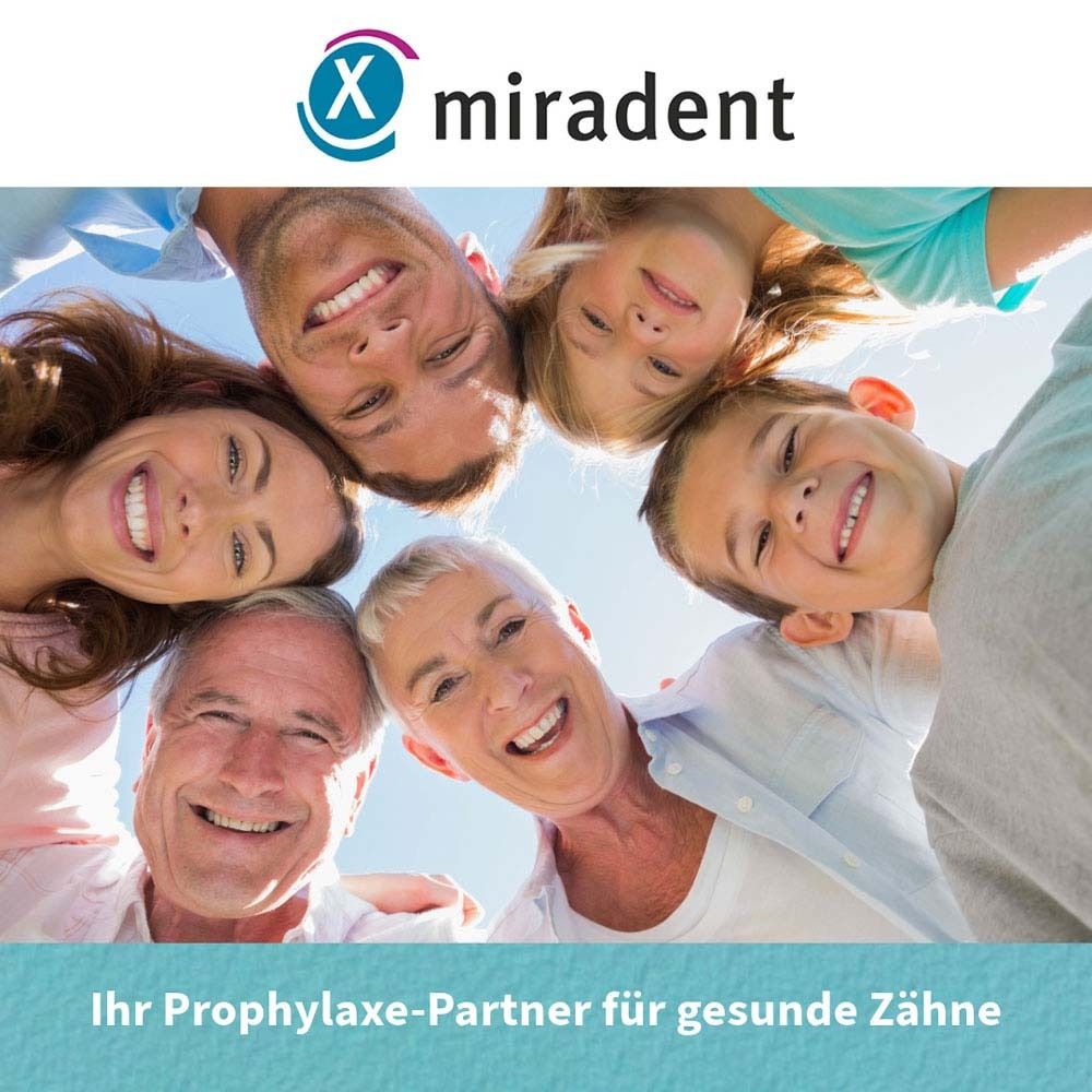 Famille souriant à la caméra. Logo Miradent. Texte : Votre partenaire prophylaxie pour des dents saines.