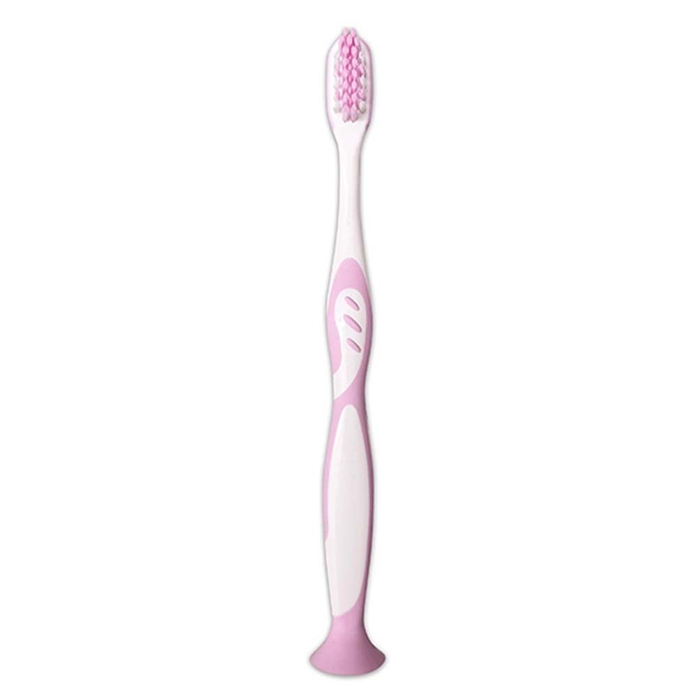 Brosse à dents Carebrush Junior rose. Manche blanc avec accents roses. Tête de brosse arrondie. Logo Miradent non visible.
