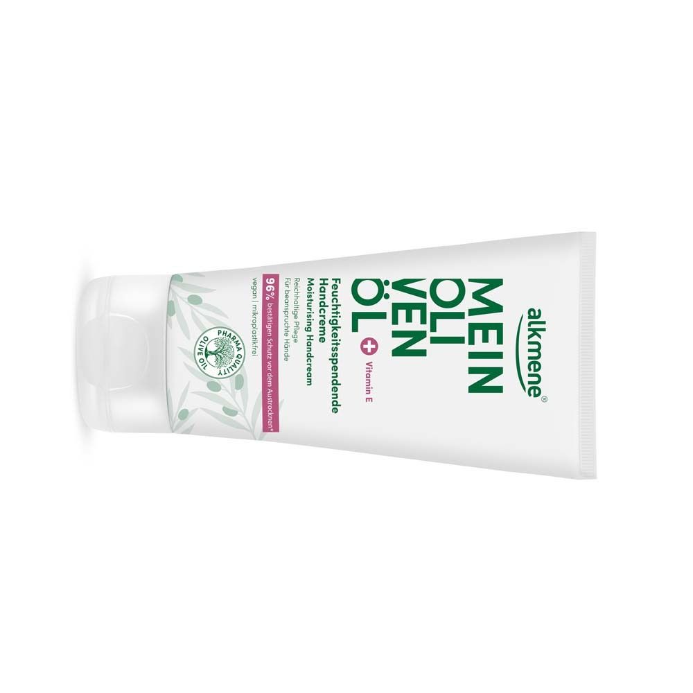 Tube blanche avec impression verte et rose. Texte: MEIN OLIVENÖL, Crème pour les mains hydratante, Vitamine E. Marque: alkmene.