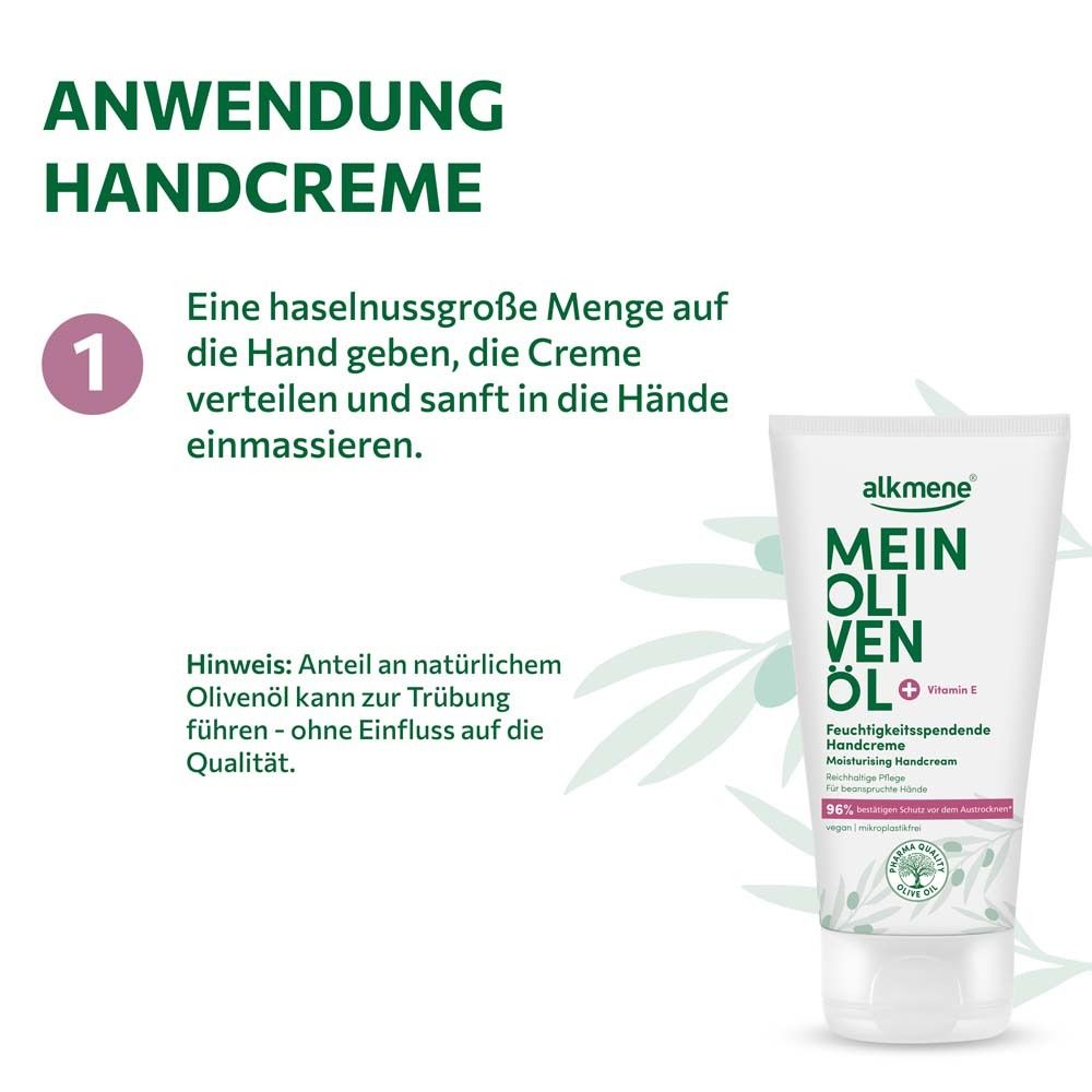 Application crème pour les mains. Étape 1: Appliquer une noisette sur la main. Tube de crème pour les mains: MEIN OLIVENÖL, Crème hydratante.