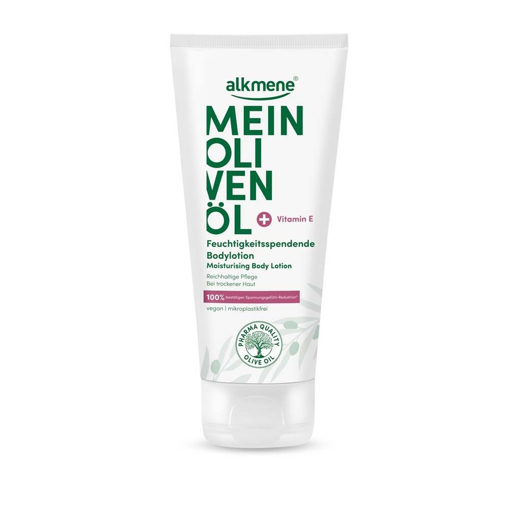 Tube blanche avec impression verte et rose. Texte: MEIN OLIVENÖL, Lotion corporelle hydratante, Vitamine E. Pharma Quality Olive Oil.