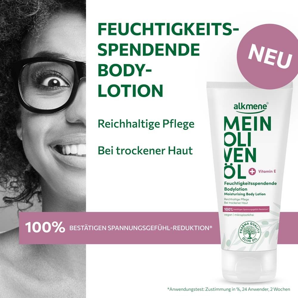 Femme avec des lunettes et un tube de lotion pour le corps. Texte: Lotion corporelle hydratante, Soin riche, Pour peau sèche. Nouveau. 100% Réduction de la sensation de tension.