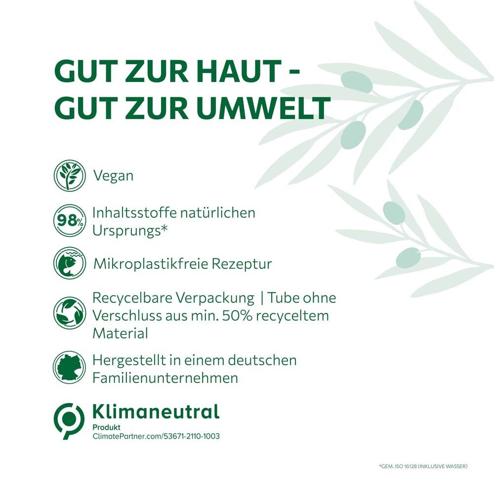 Texte: Bon pour la peau - Bon pour l'environnement. Végétalien, 98% d'ingrédients d'origine naturelle, Formule sans microplastiques, Emballage recyclable, Neutre en carbone.