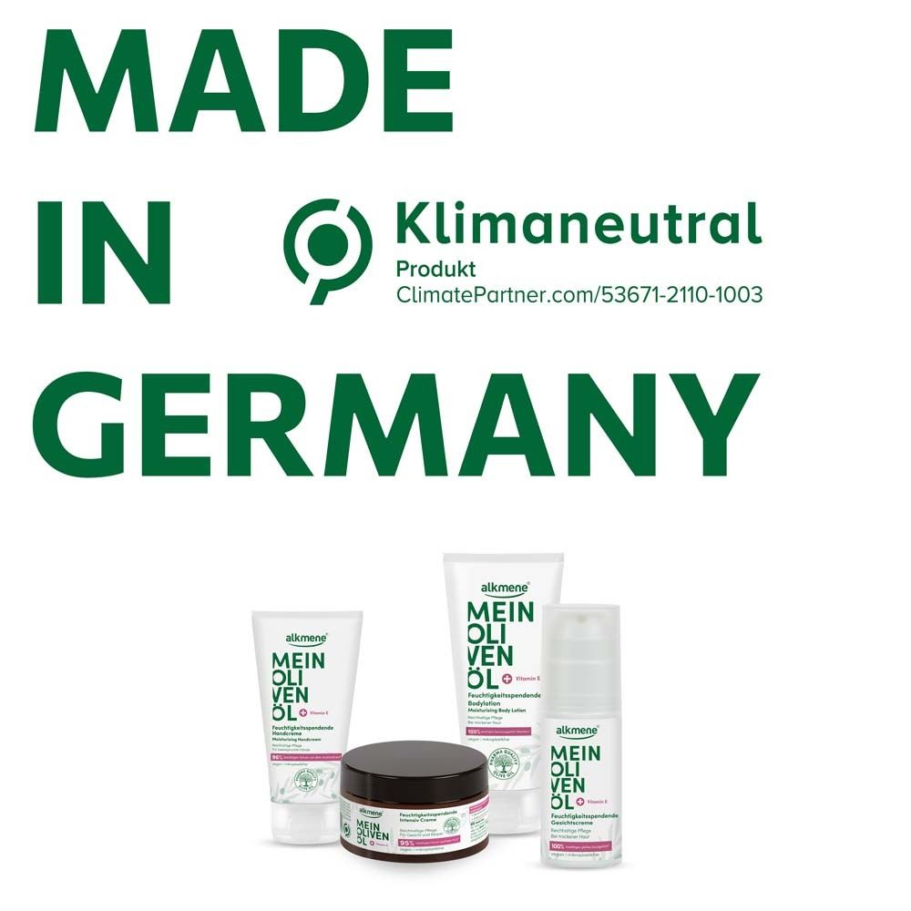 Texte: Fabriqué en Allemagne. Produit neutre en carbone. Quatre produits: tube, pot, flacon, flacon pulvérisateur. Tous avec l'impression MEIN OLIVENÖL.