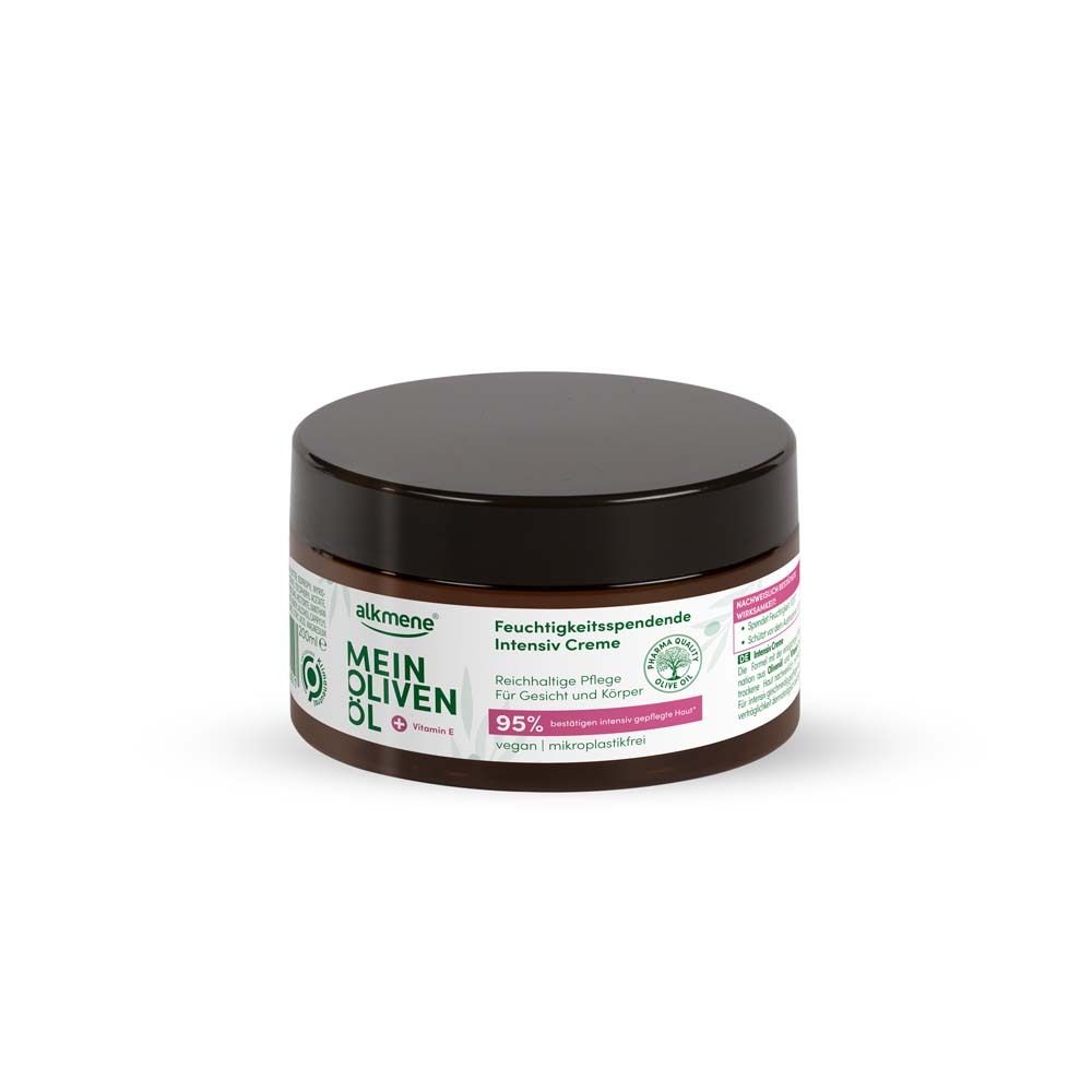 Pot de crème avec couvercle noir. Inscription : MEIN OLIVENÖL, Crème Intensive Hydratante. Vegan.