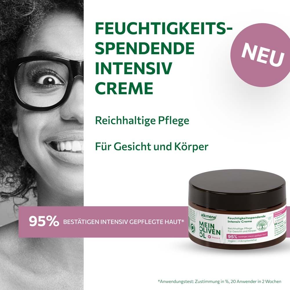 Femme avec des lunettes et un pot de crème. Inscription : MEIN OLIVENÖL, Crème Intensive Hydratante. Nouveau.