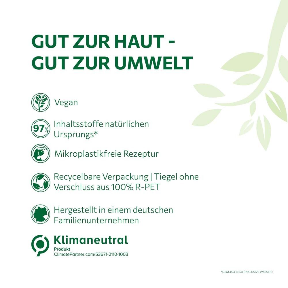 Graphique avec texte : Bon pour la peau - Bon pour l'environnement. Vegan, 97% ingrédients naturels, neutre en carbone.