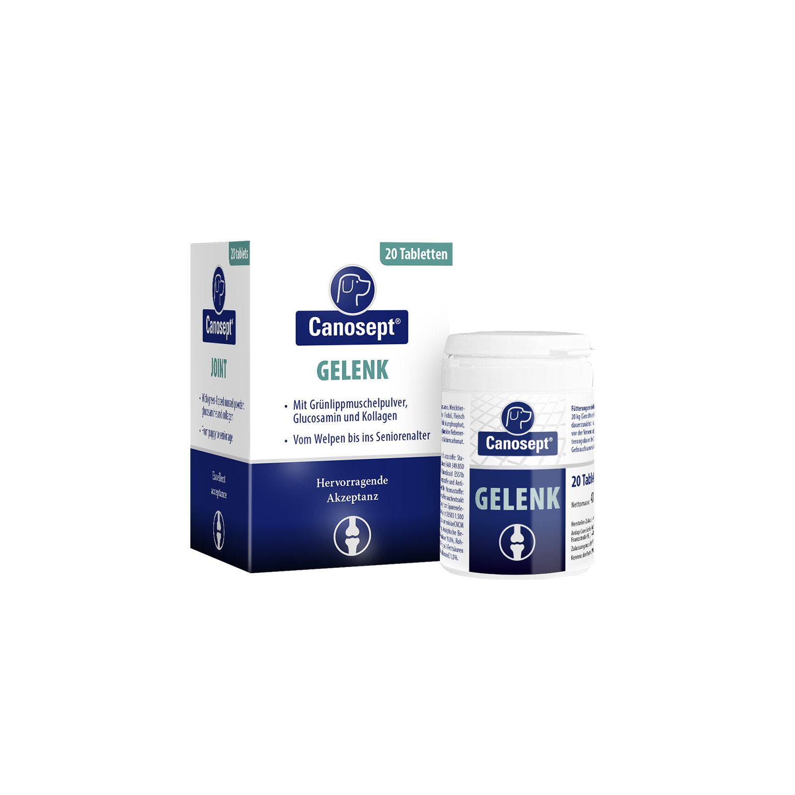 Canosept Gelenk-Tabletten, boîte et flacon. 20 comprimés. Emballage bleu et blanc.