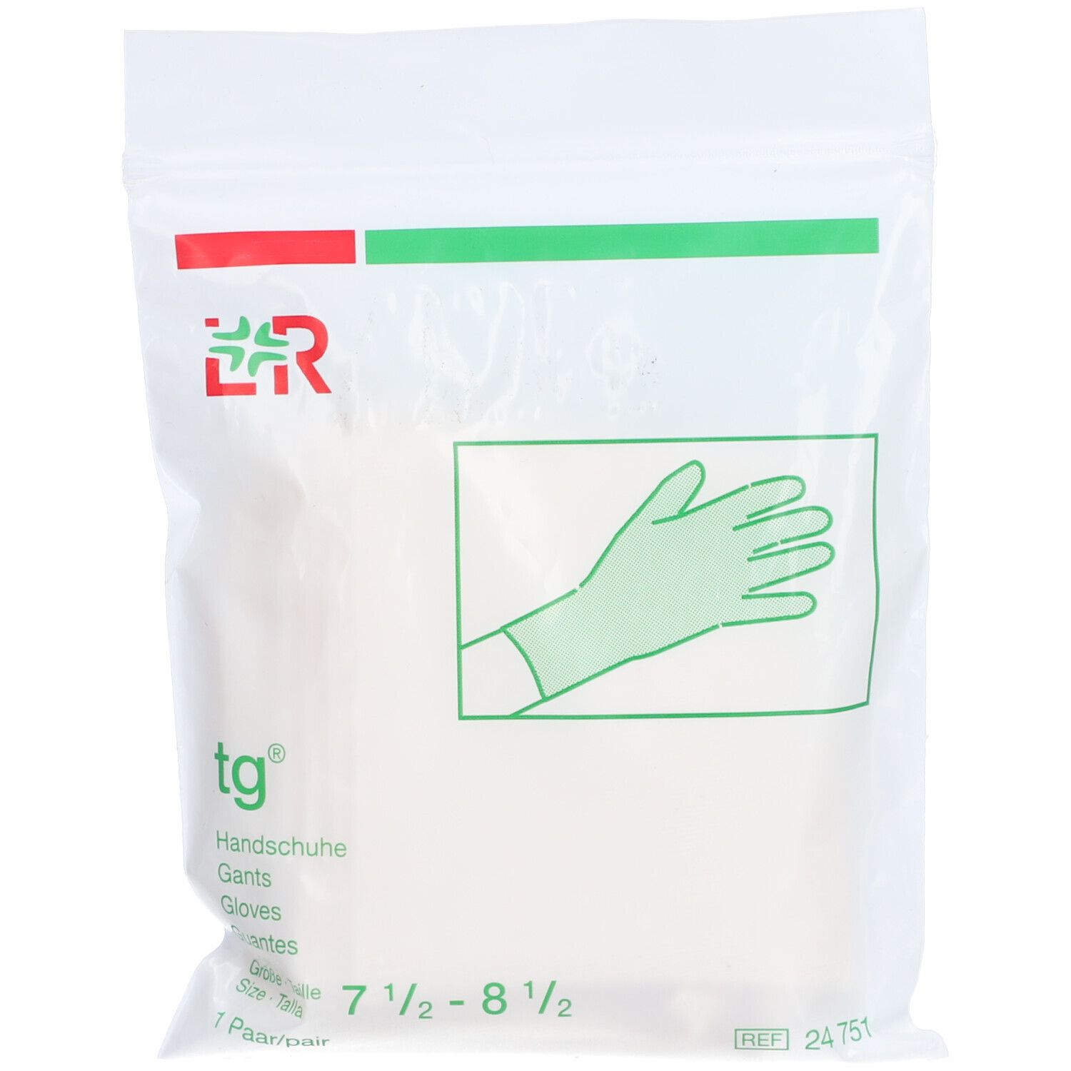 Emballage de gants. Inscription: tg, gants, taille 7 1/2 - 8 1/2. Illustration d'une main.