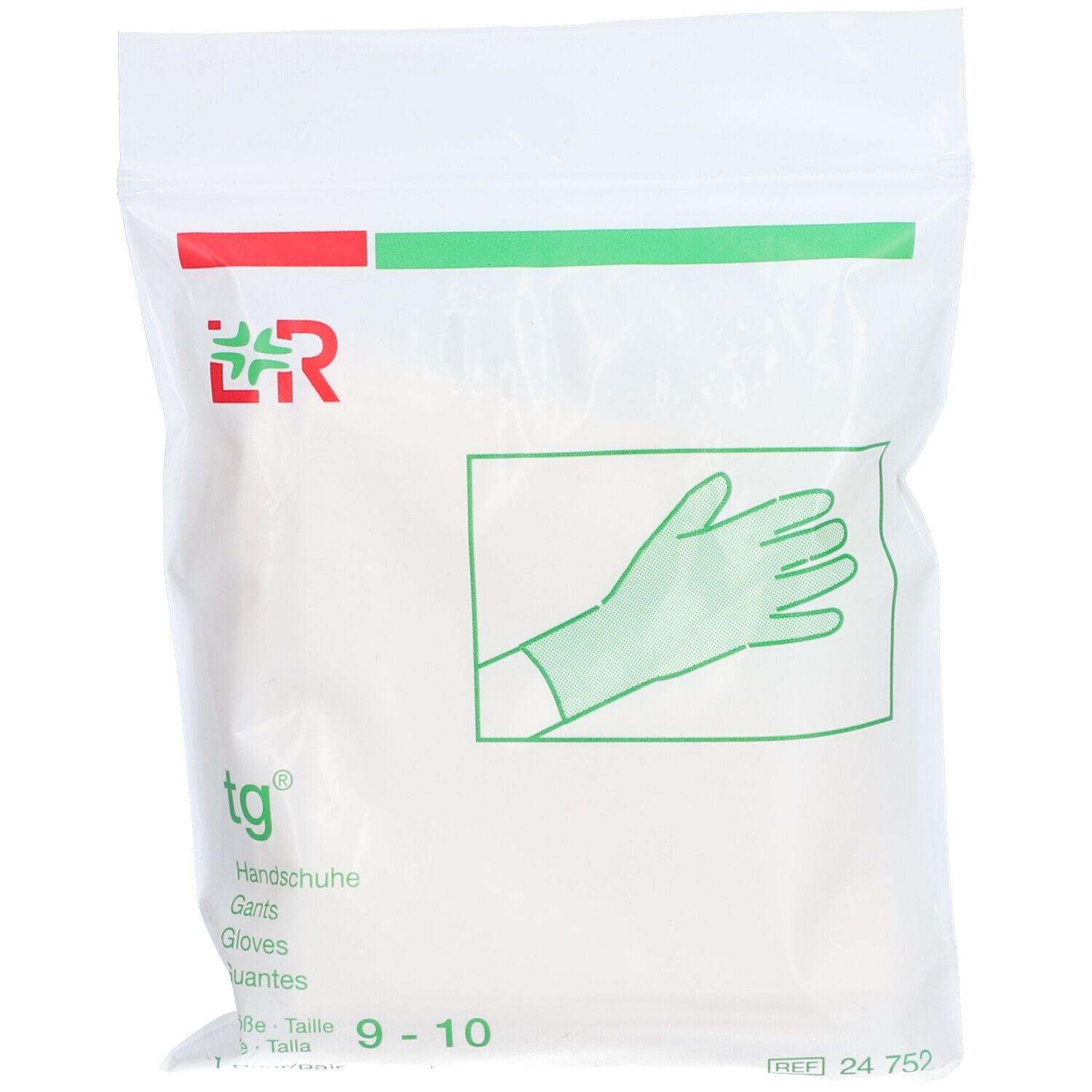 Emballage de gants. Inscription: tg, gants, taille 9-10. Logo vert et blanc avec une main.
