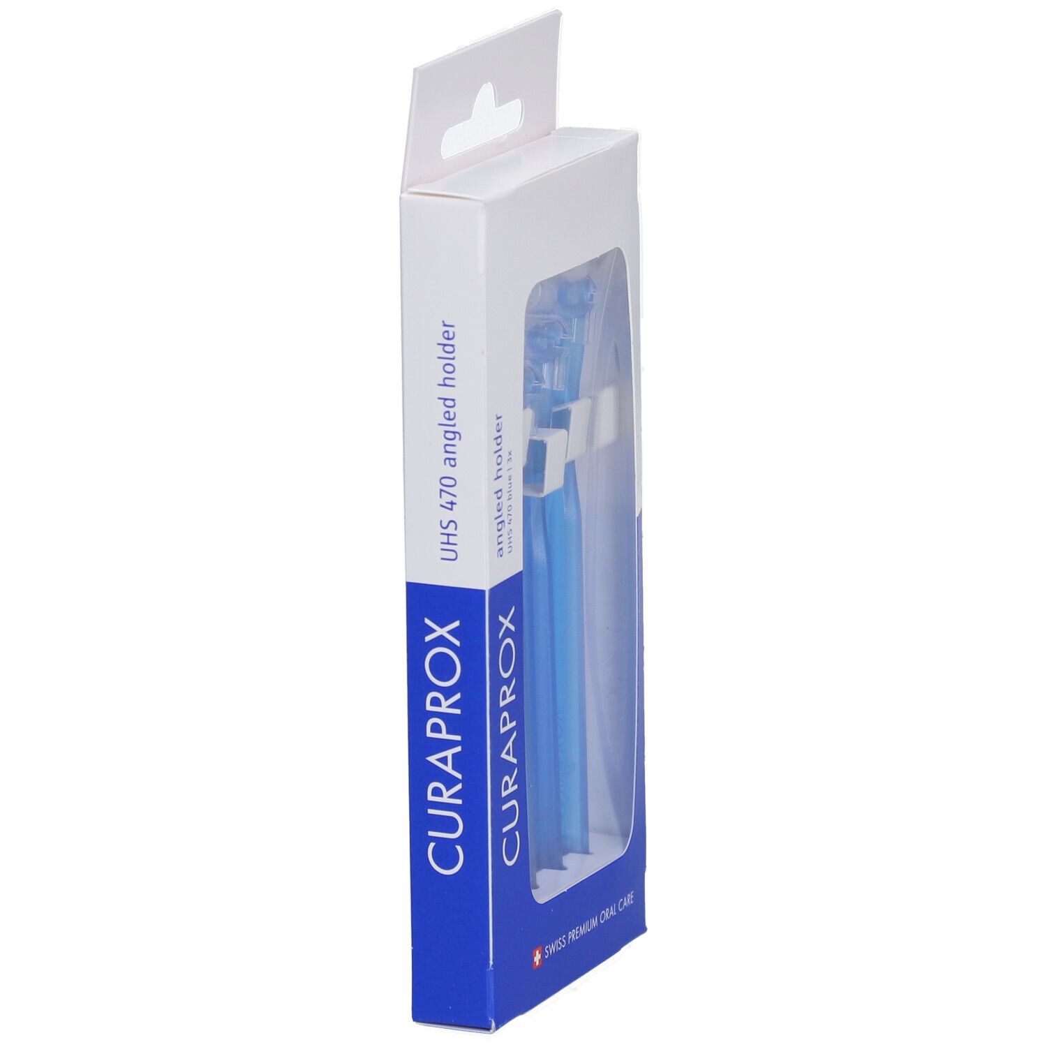 Vue latérale de l'emballage de supports interdentaires bleus. Visible : CURAPROX, UHS 470, Swiss Premium Oral Care.