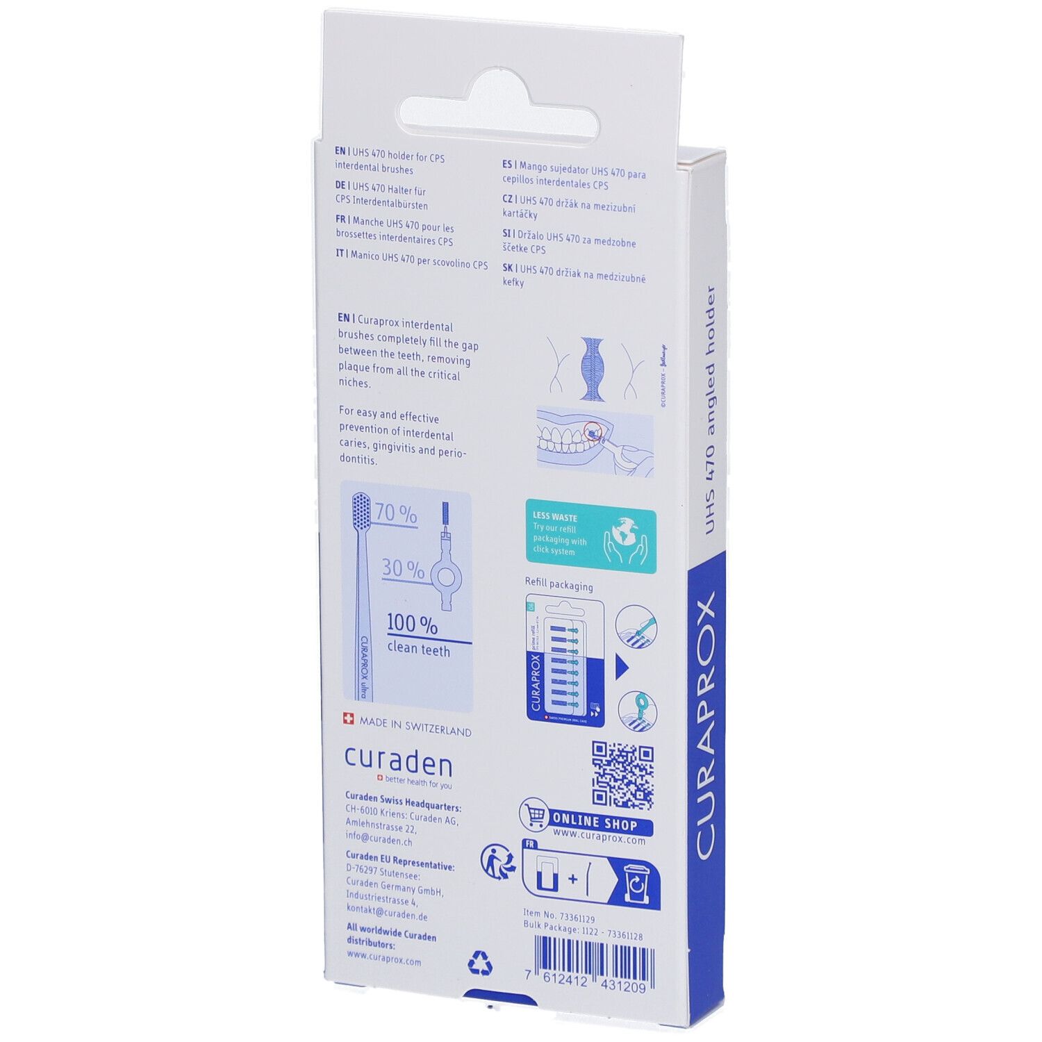 Dos de l'emballage avec informations sur le produit. Visible : CURAPROX, UHS 470, Made in Switzerland, code QR.