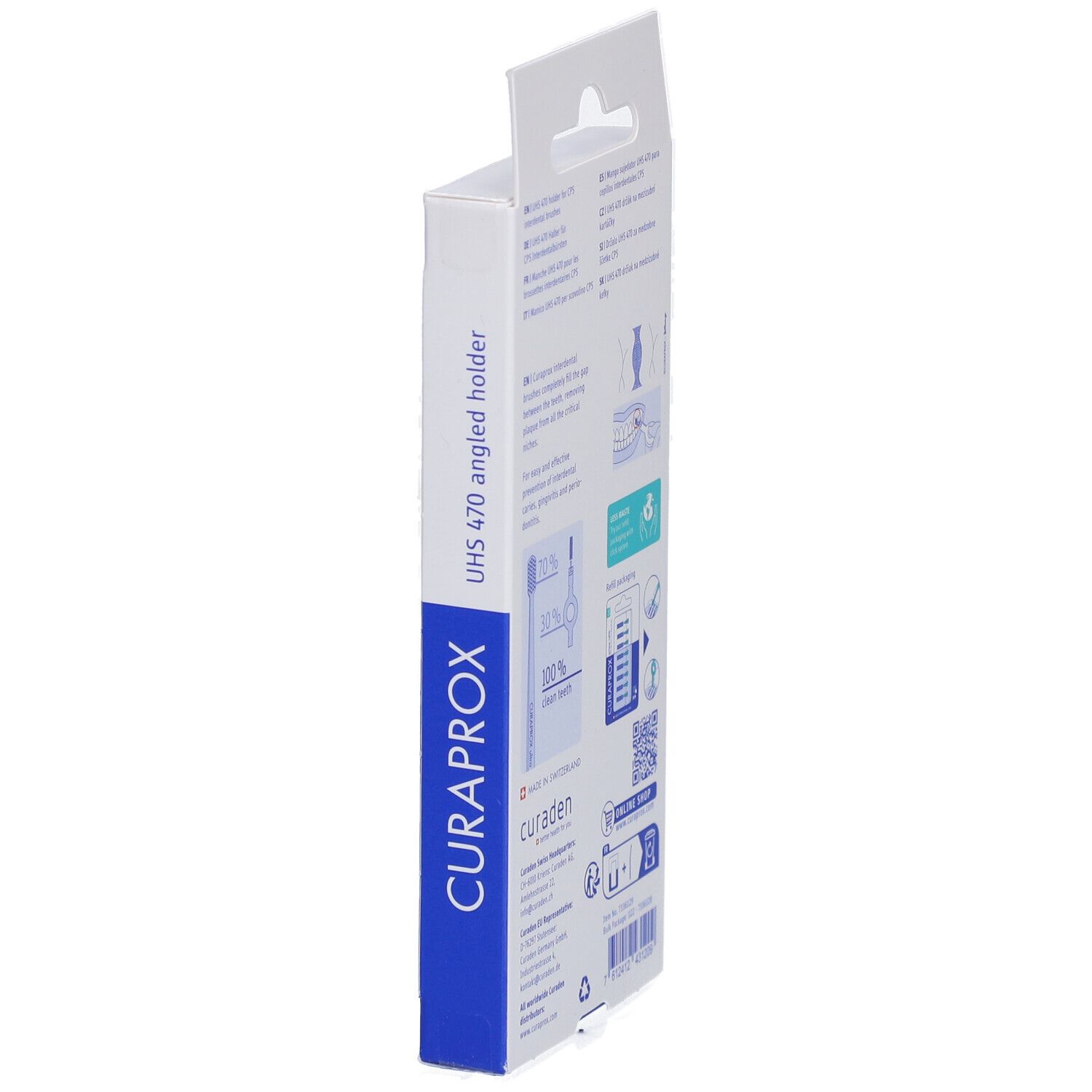 Vue latérale de l'emballage avec informations sur le produit. Visible : CURAPROX, UHS 470, code QR.