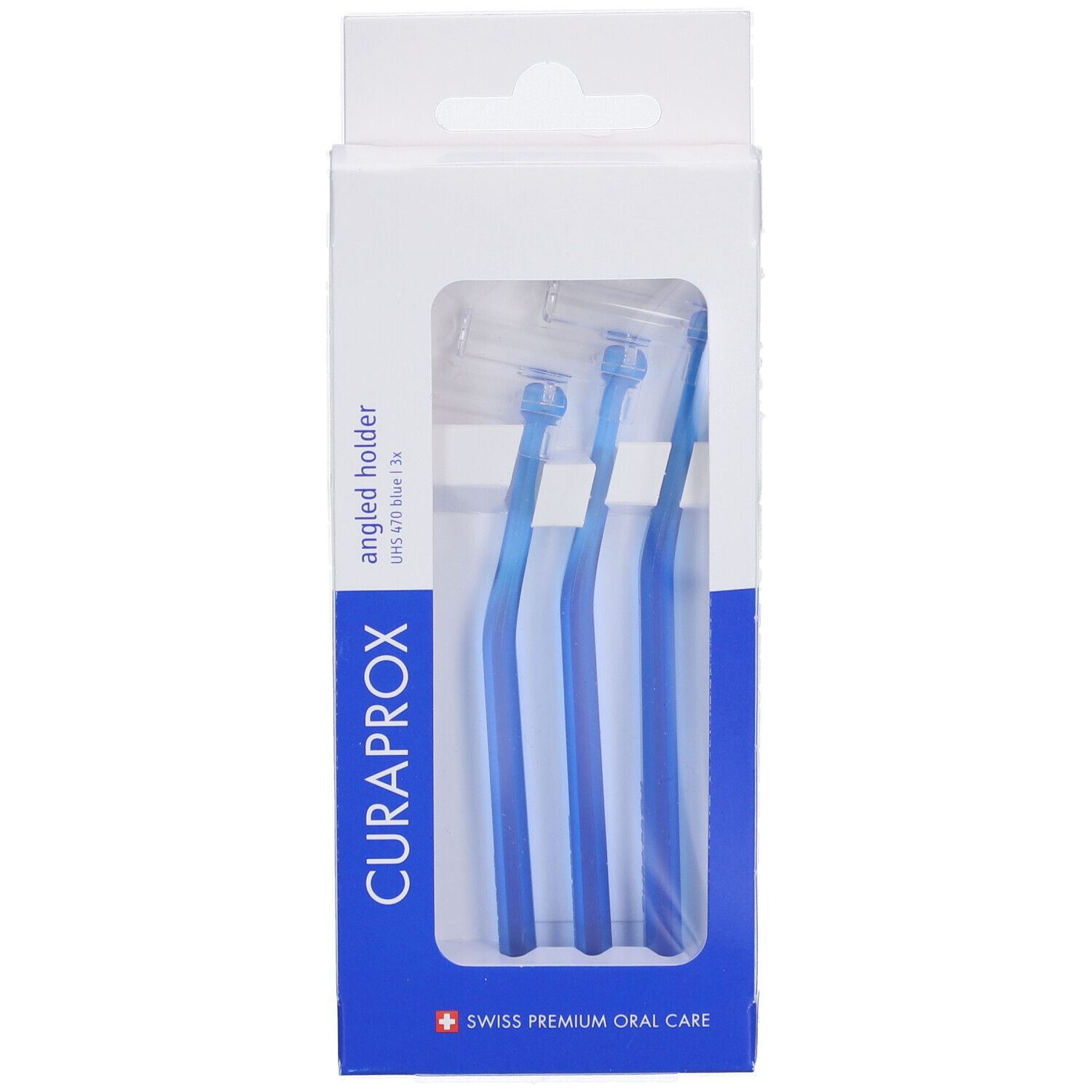Emballage de supports interdentaires bleus. Visible : CURAPROX, UHS 470, Swiss Premium Oral Care. Trois brosses dans la boîte.